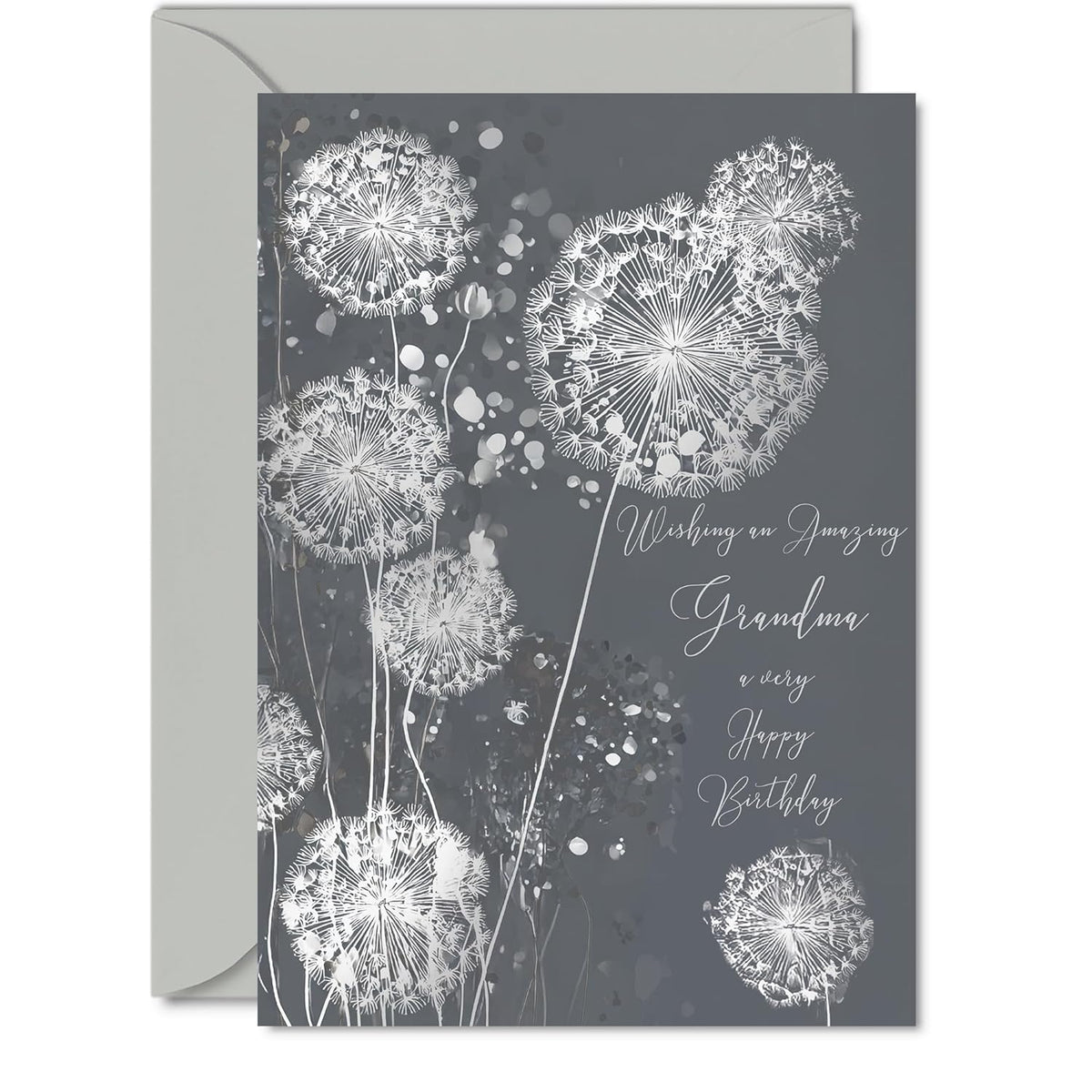 Silver Grandma Birthday Card - Shimmering Dandelions - Happy Birthday Card For Grandma From Grandson Granddaughter, 5X7 Inch Silver Elegant And Modern Bday Greeting Cards