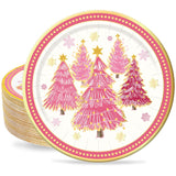 40Pcs 9 Inch Christmas Plates Merry Christmas Disposable Paper Plates Gold Foil Pink Xmas Tree Party Plates For Holiday Party Dinner Tableware Supplies Decor