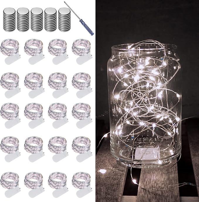 20 Pack Battery Operated Fairy Lights 6.6FT 20 LED White Firefly String Lights Silvery Copper Wire for Wedding Party Mason Jar Christmas Bedroom Decor