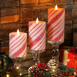 3 Pcs Christmas Flameless Pillar Candles Led Candy Cane Peppermint Stripe Red And White Glitter Battery Operated Candles For Xmas Holiday Centerpiece Home Party Decor