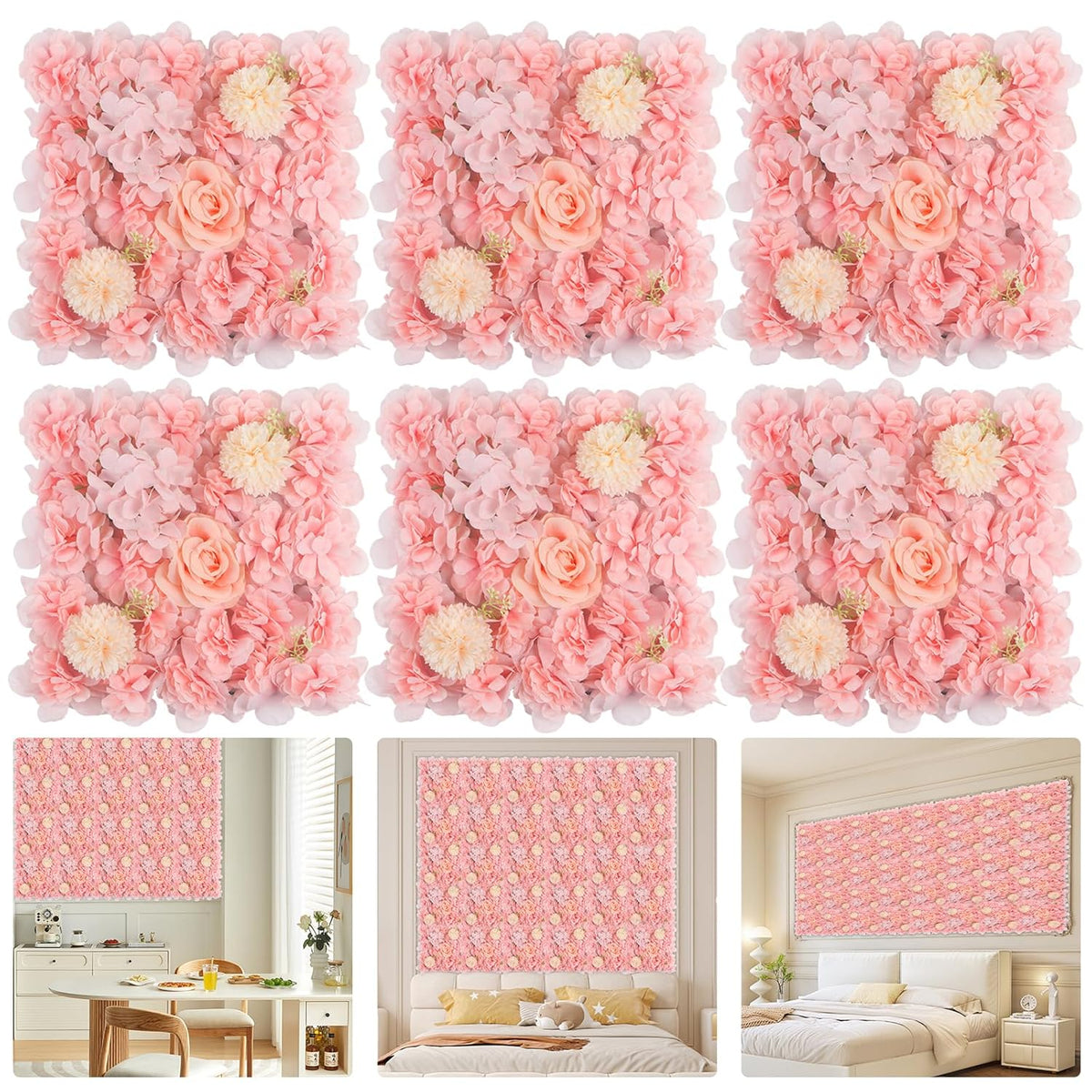 6Pcs Pink Artificial Flower Wall Panels, 14” X 14” Silk Rose Flowers Faux Floral Wall, Backdrop 3D Floral Wall For Wedding, Party, Baby Shower, Home Decor