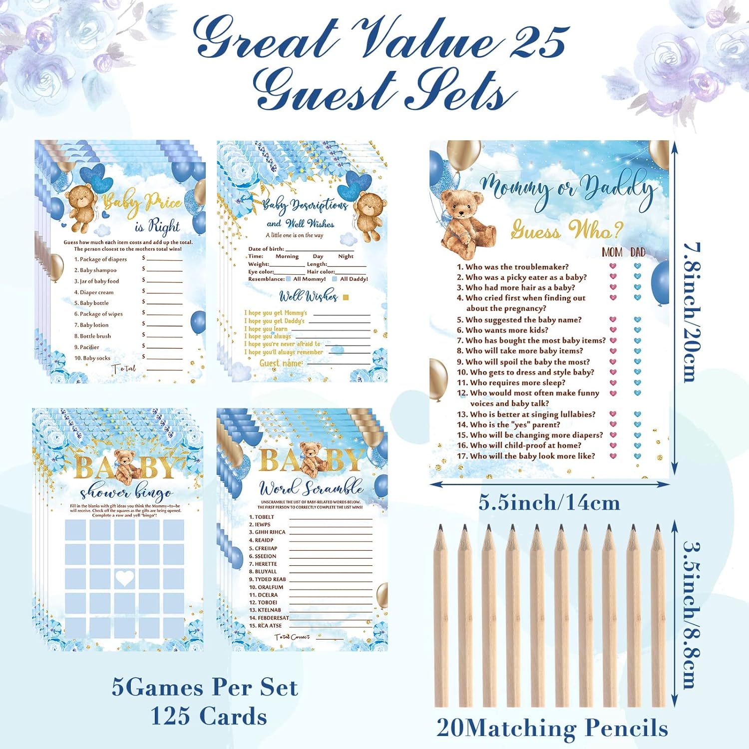 125 Pcs Bear Baby Shower Games For Girl Or Boy Set 5 Games Bear Cards With 20 Pencils For 25 Guests Includes Predict Who Baby Price Is Right Description Word Scramble Game Supplies(Blue)