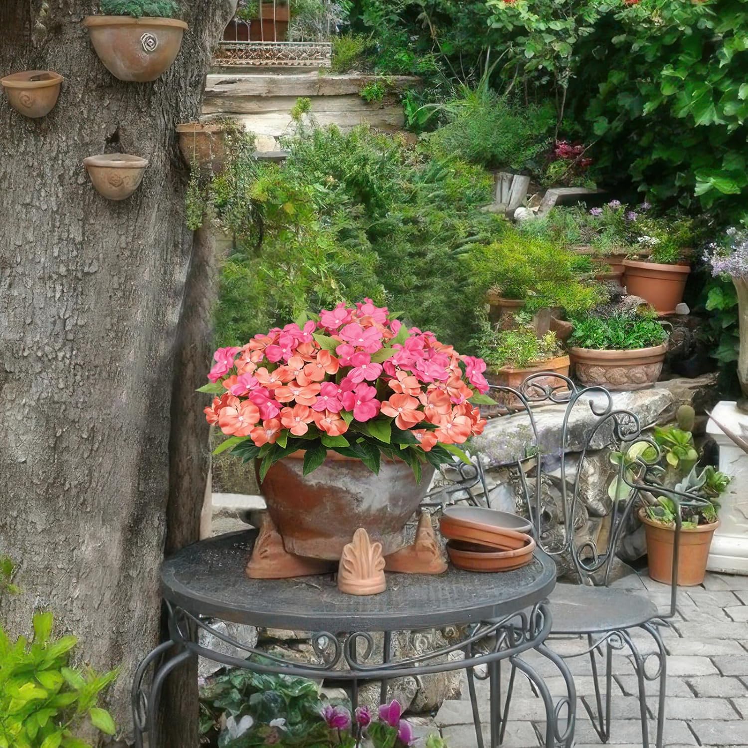 4 Pcs Artificial Impatiens Flowers For Outdoors Uv Resistant Silk Impatien Flower Outside Bushes Orange Faux Impatiens Flowers For Planter Pot Patio Lawn Garden Hanging Basket Porch Decor