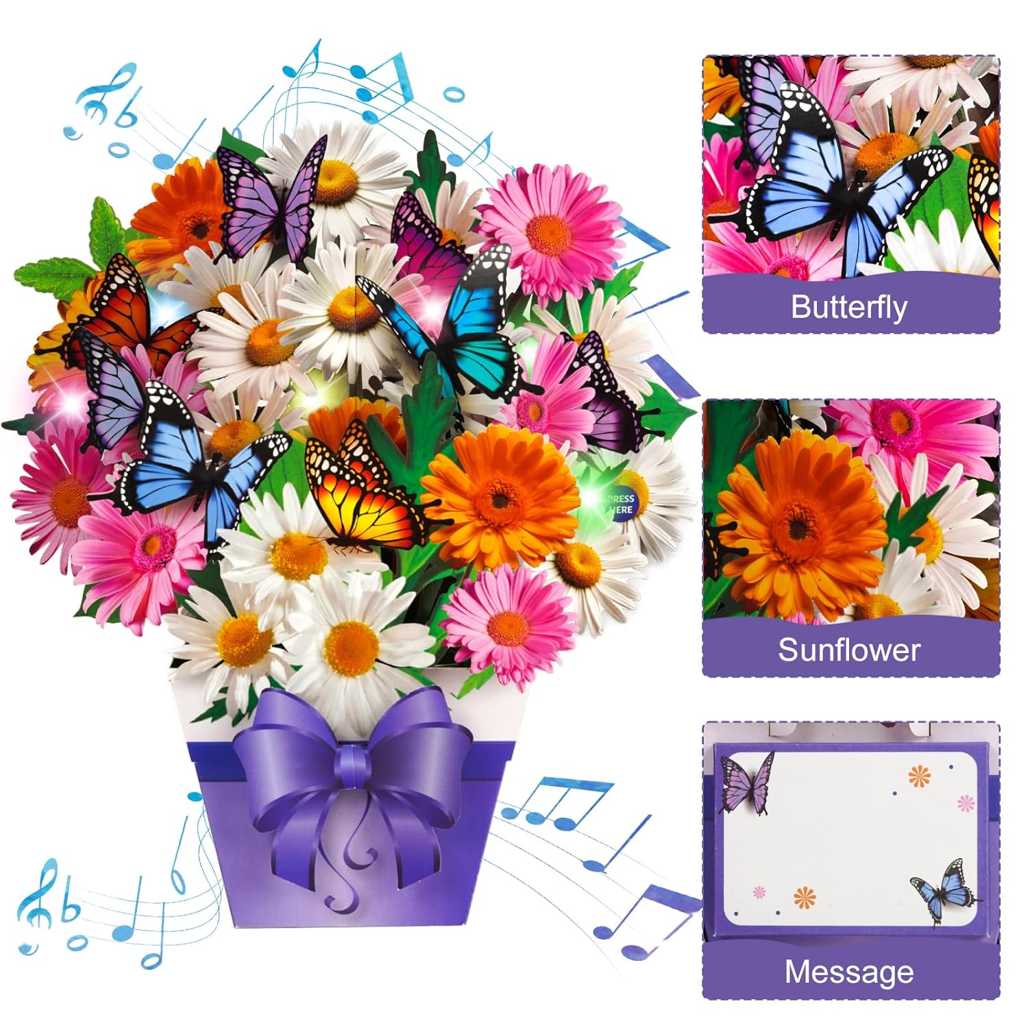 Mothers Day Card, Butterfly Card With Music And Light, Flower Bouquet Card, Mothers Day Gift For Mom, Women, Wife, Sister (Daisy And Butterfly)