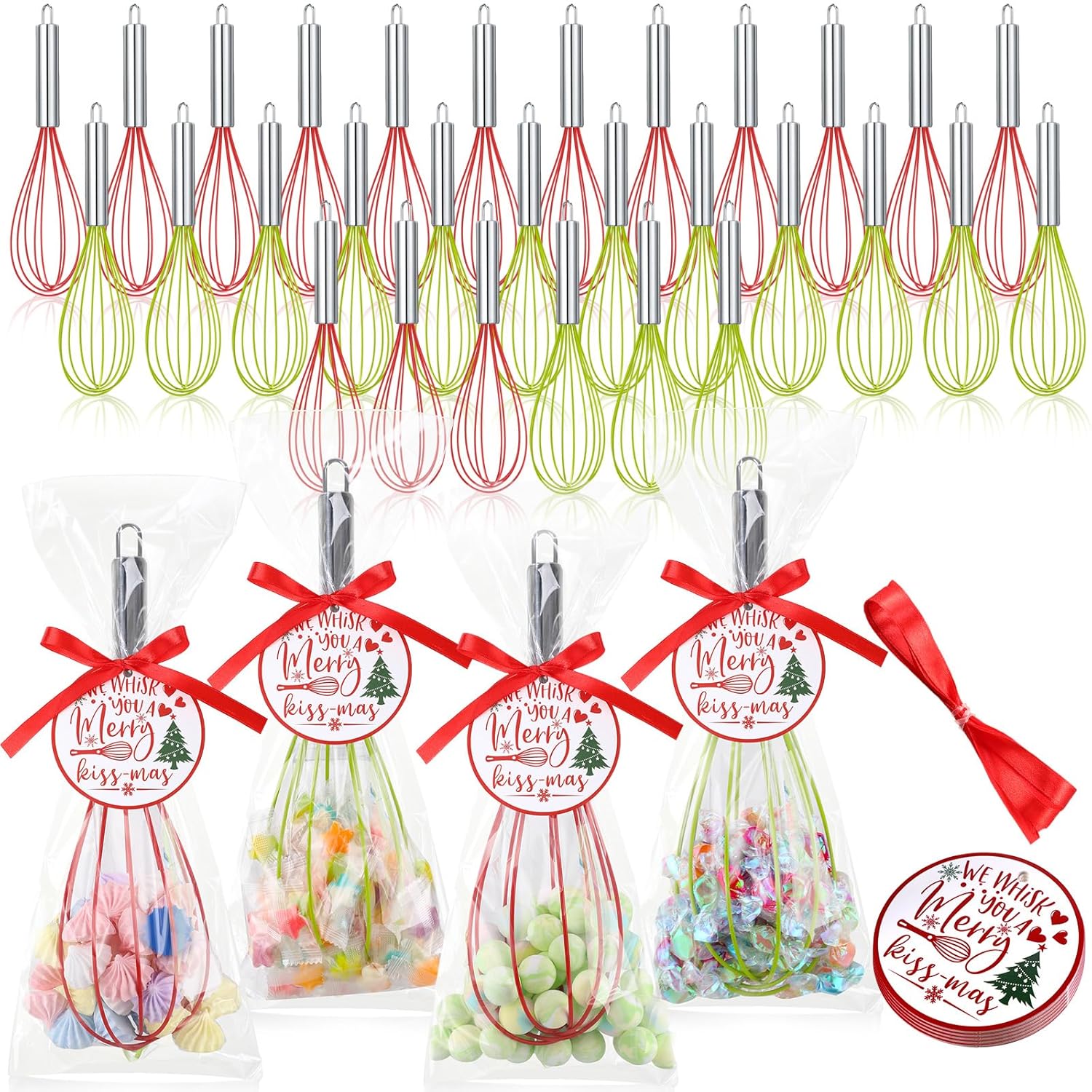 48 Sets 10 Inch Christmas Whisks Gifts Diy Fillable Christmas Tree Ornaments Xmas Colored Silicone Whisks For Cooking Heat Resistant Egg Beaters With Card Rope Bag For Candy Holder