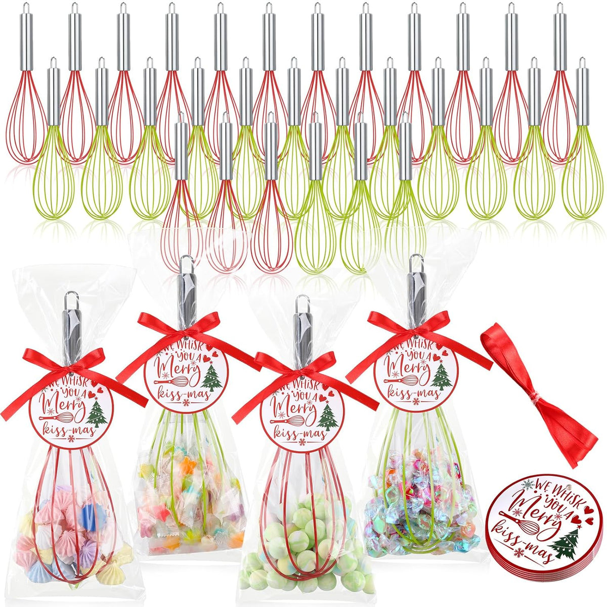48 Sets 10 Inch Christmas Whisks Gifts Diy Fillable Christmas Tree Ornaments Xmas Colored Silicone Whisks For Cooking Heat Resistant Egg Beaters With Card Rope Bag For Candy Holder