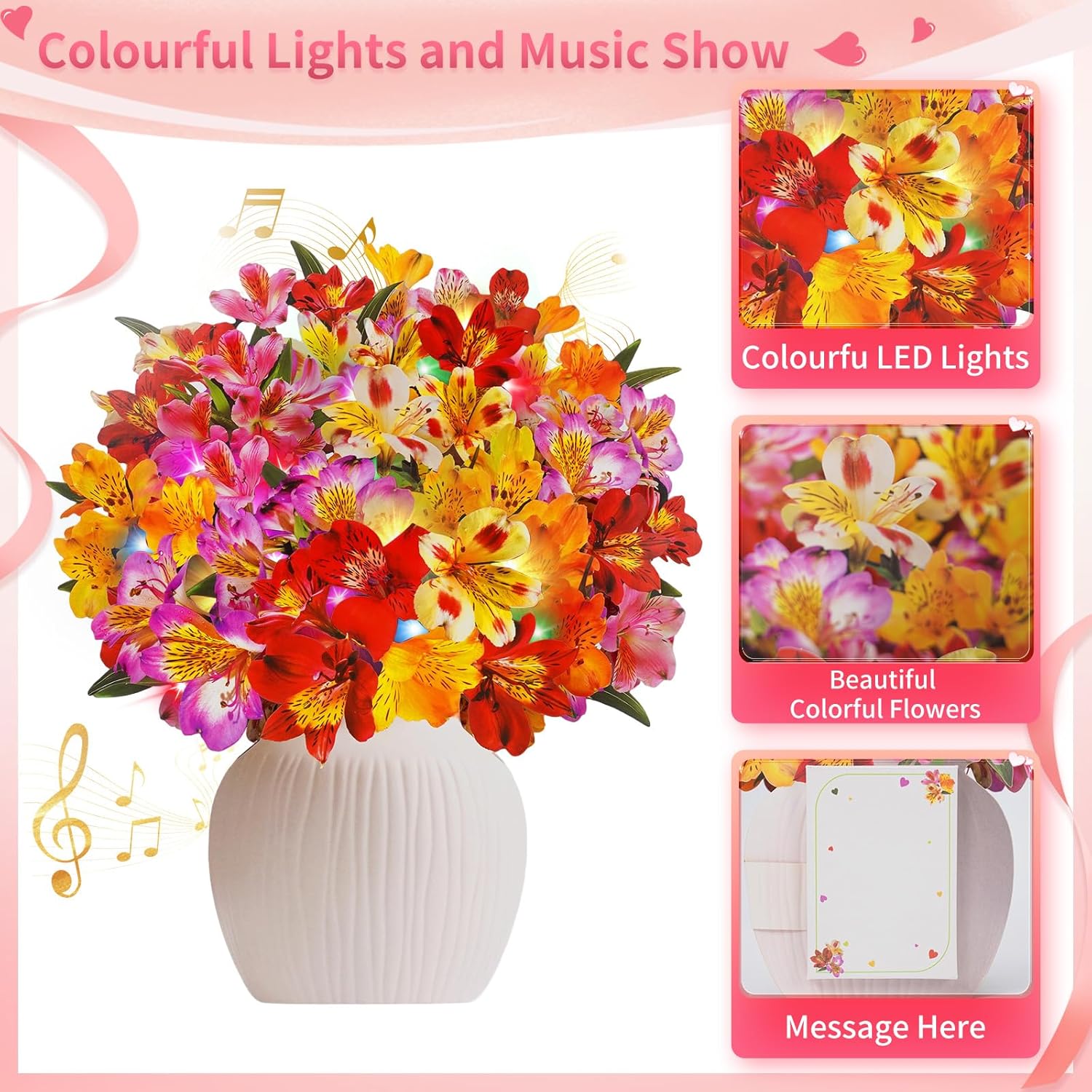 Birthday Cards With Music & Lights, 3D Pop Up Happy Birthday Cards, 12 Inch Life Sized Forever Flower Bouquet Greeting Card Gift For Women Mom Grandma