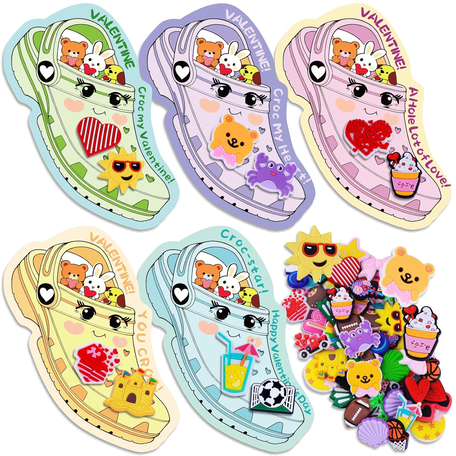 Valentines Day Cards For Kids School Classroom, 30Pcs Valentine'S Cards With 60 Shoe Charms For Boys & Girls, Valentine Classroom Exchange Gift Party Favors