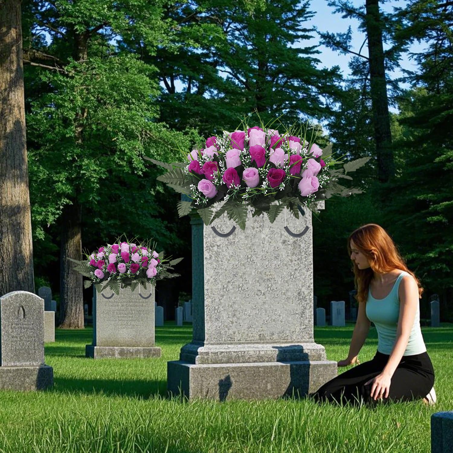 Artificial Cemetery Flower Headstone Flower Saddle Grave Rose Flowers For Cemetery Non-Bleed Colors Windpoof (Purple)