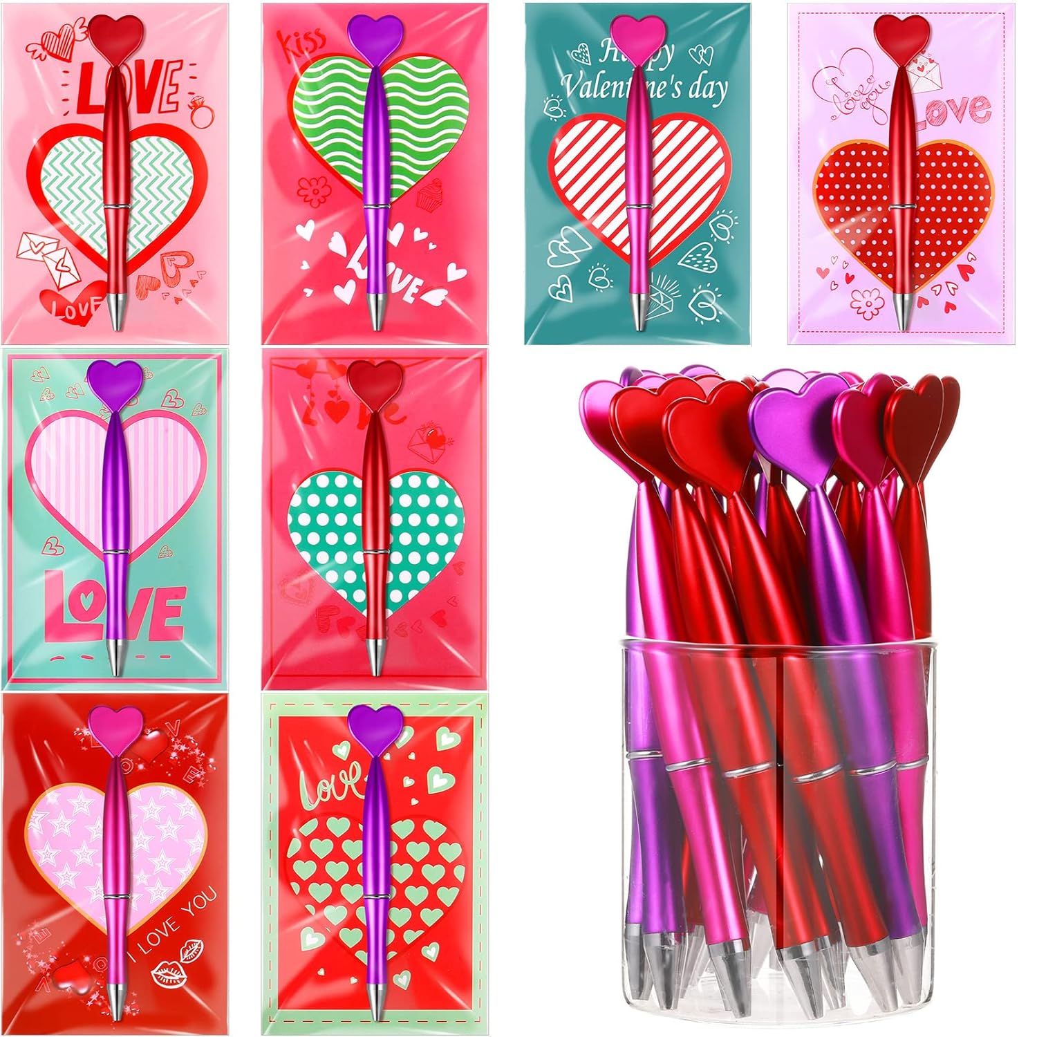 24 Set Valentines Day Gift Bulk Valentine Day Cards With Pens Heart Shaped Ballpoint Pen Heart Greeting Card Prize Party Favor For Teacher Coworkers Office Exchange Gift