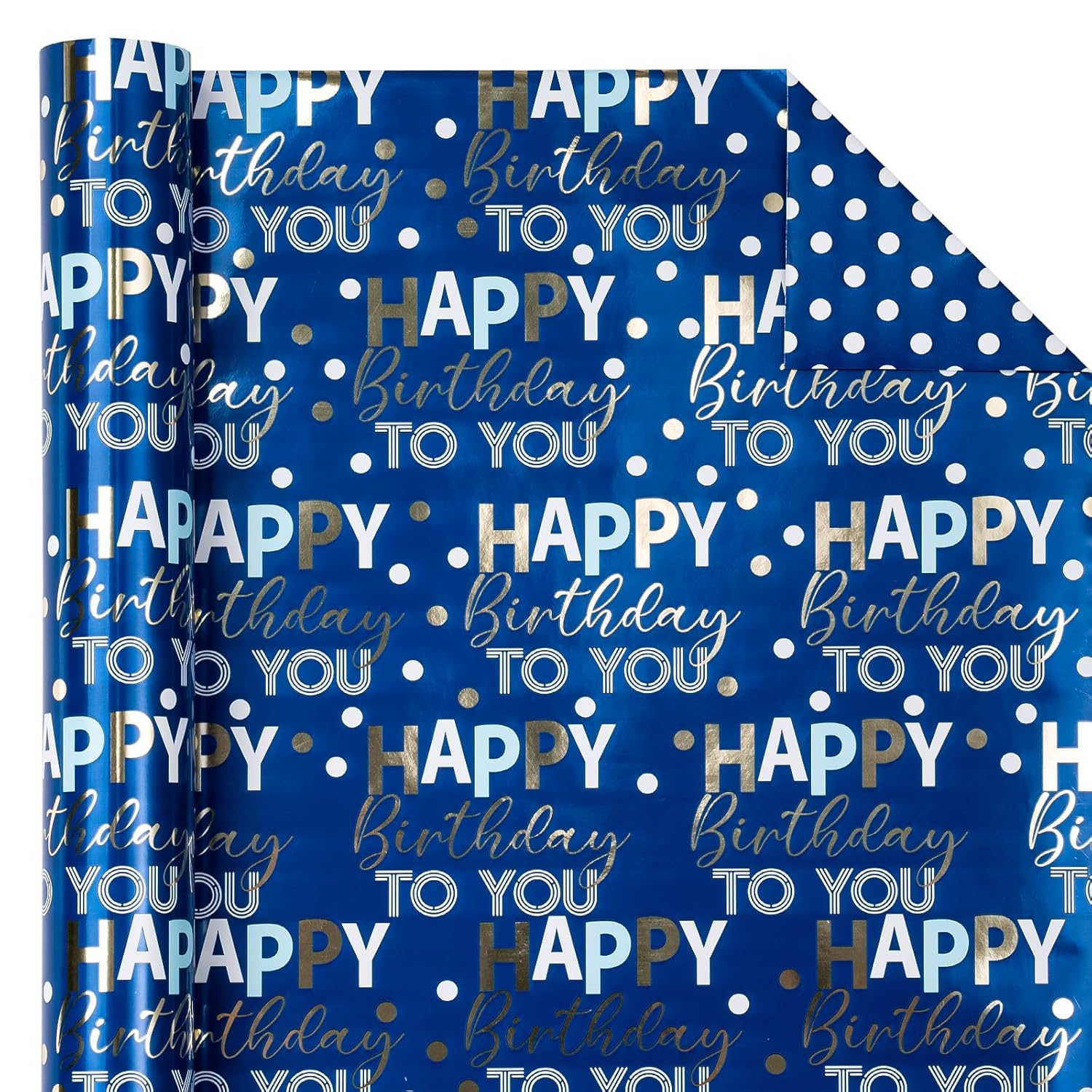 Reversible Birthday Wrapping Paper - Mini Roll - 17 Inch X 9.8 Feet - Blue And Gold Foil Happy Birthday Wrapping Paper For Boys, Men, Kids, Baby Shower