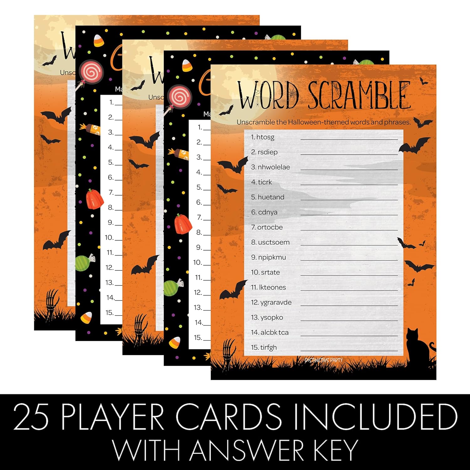 Halloween Party Games – Word Scramble And Candy Match 2 Game Bundle, 25 Dual-Sided Cards For Kids, Adults, Classrooms, And Fall Events