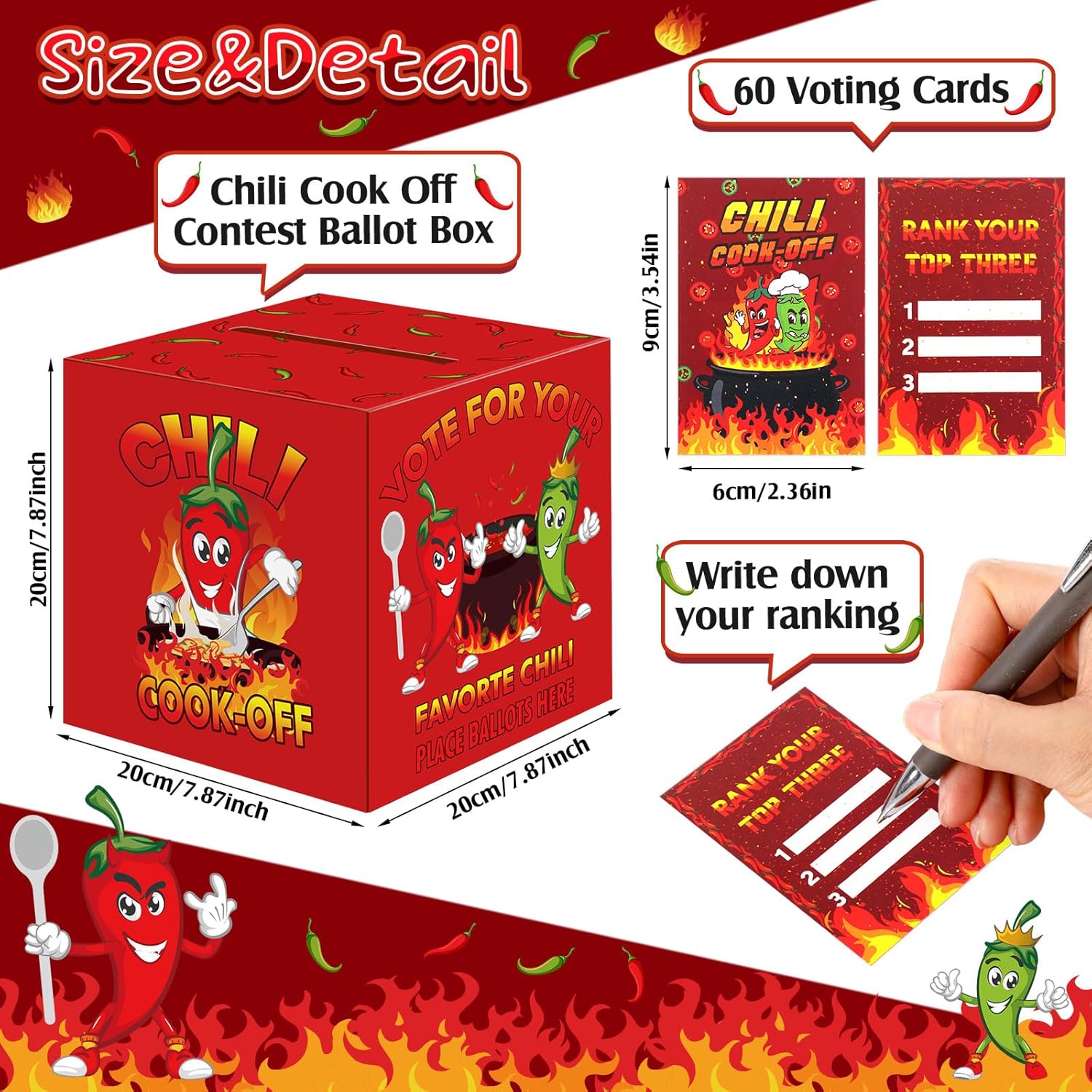 62 Pcs Chili Cook Off Decorations Set, 71" X 24" Chili Cook Off Banner, Pepper Contest Ballot Box With 60 Voting Cards For Mexican Fiesta Cooking Contest Bbq Party Supplies