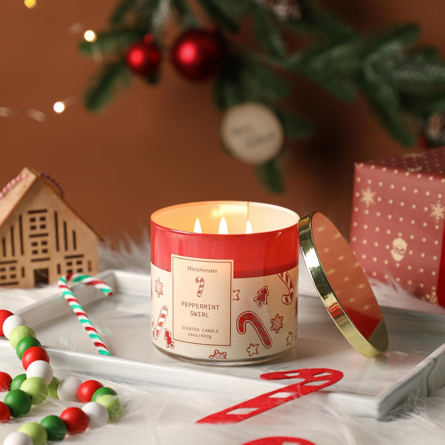 Christmas Cookie Candle, Christmas Crushed Candy Cane Scented Jar Candle, Holiday Decor Collection, Large 3 Wicks Candle, 14Oz