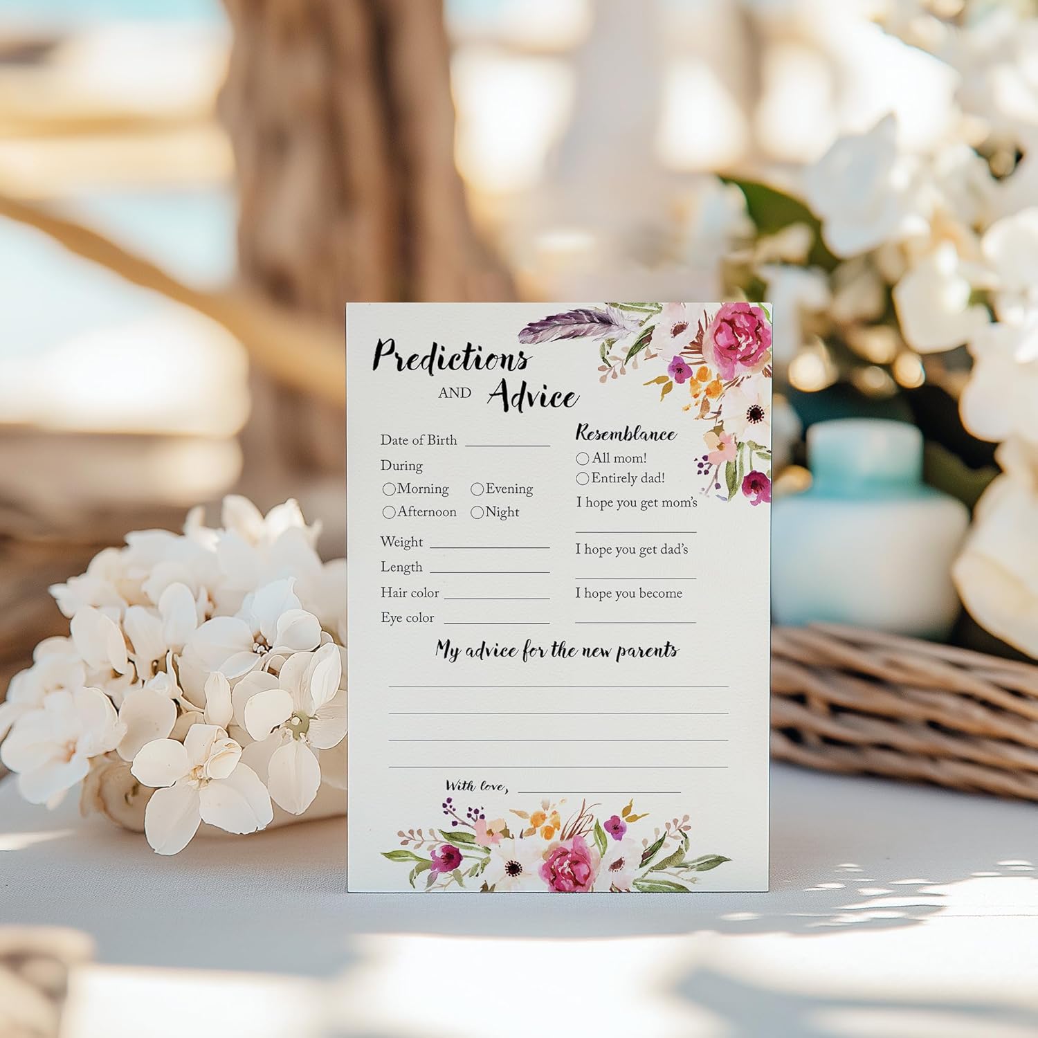 Boho Prediction And Advice Cards - Pack Of 25 - Bohemian Pink Girl Baby Shower Games, Floral Wishes For New Parents Mom & Dad To Be Mommy & Daddy Message, Coed Shower Activity Keepsake Book G400-Pdav