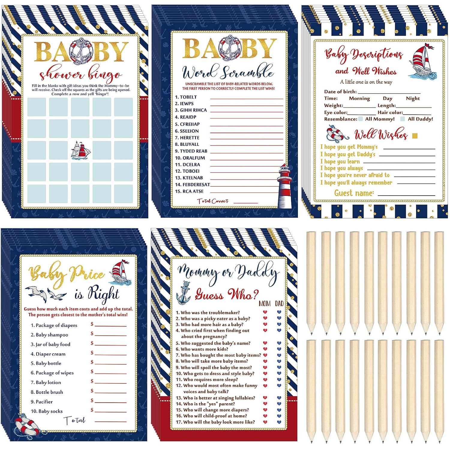 145 Pieces Nautical Baby Shower Games With 5 Games Set And 20 Pencils Baby Shower Games Activities Includes Baby Descriptions Predict Who Price Is Right Word Scramble For Baby Shower Party