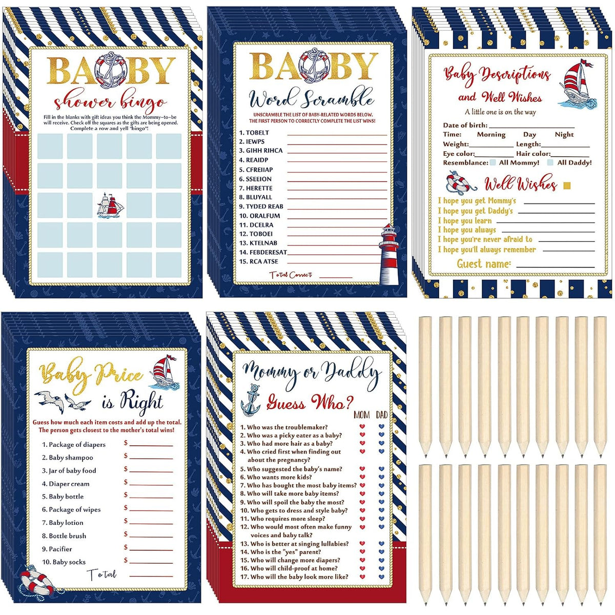 145 Pieces Nautical Baby Shower Games With 5 Games Set And 20 Pencils Baby Shower Games Activities Includes Baby Descriptions Predict Who Price Is Right Word Scramble For Baby Shower Party