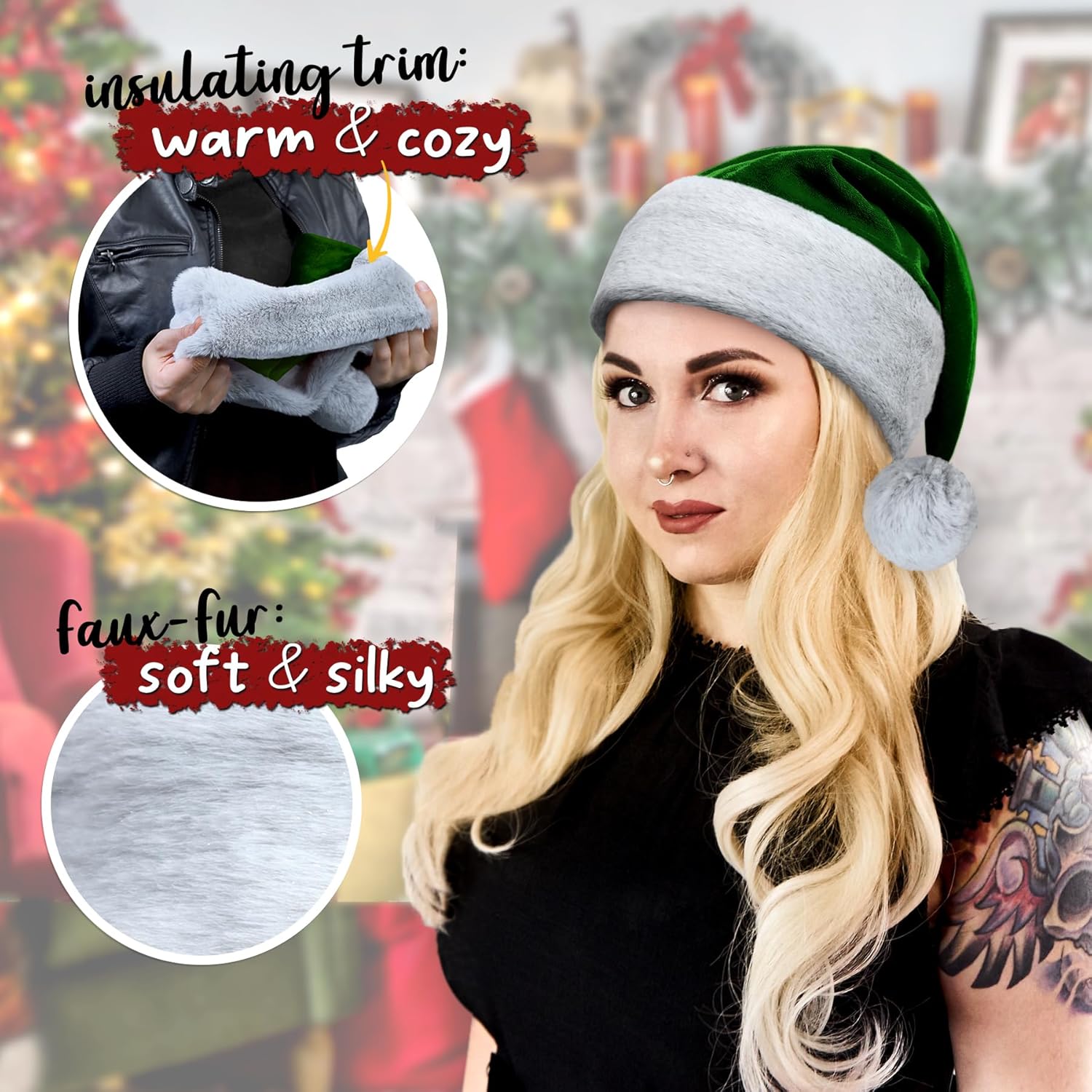 Dark Green Velvet Santa Hat - Gray Faux Fur, Soft Furry Wolf Trim - Luxury Christmas, Goth, Emerald, Deluxe Xmas Headwear - Adult, 1 Size