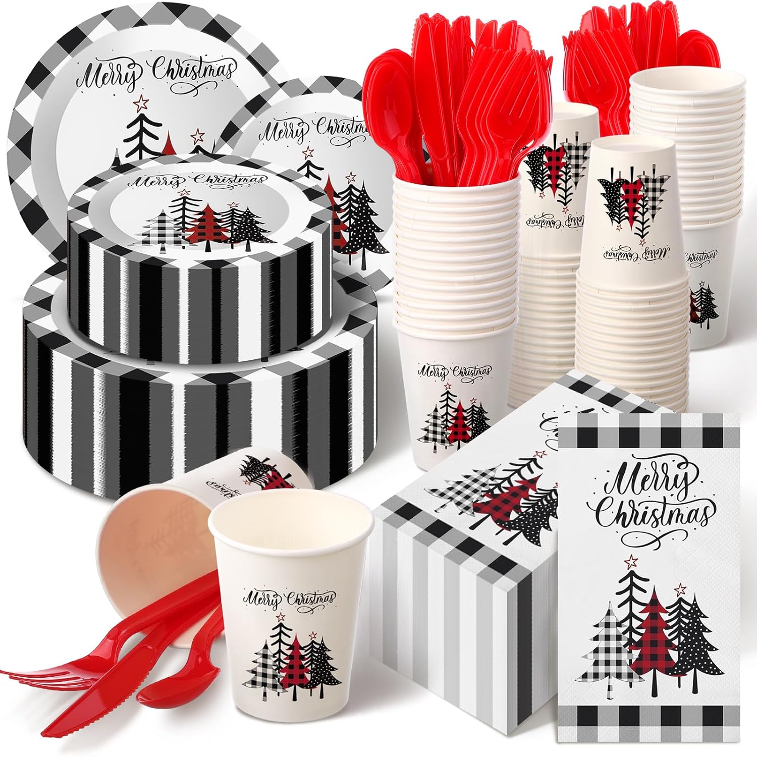 400 Pcs Christmas Dinnerware Set Disposable Christmas Plates And Napkins Set Serve 50 Winter Xmas Paper Dinner Plates Napkins Cup Xmas Party Supplies For Holiday(Black,White,Plaid)