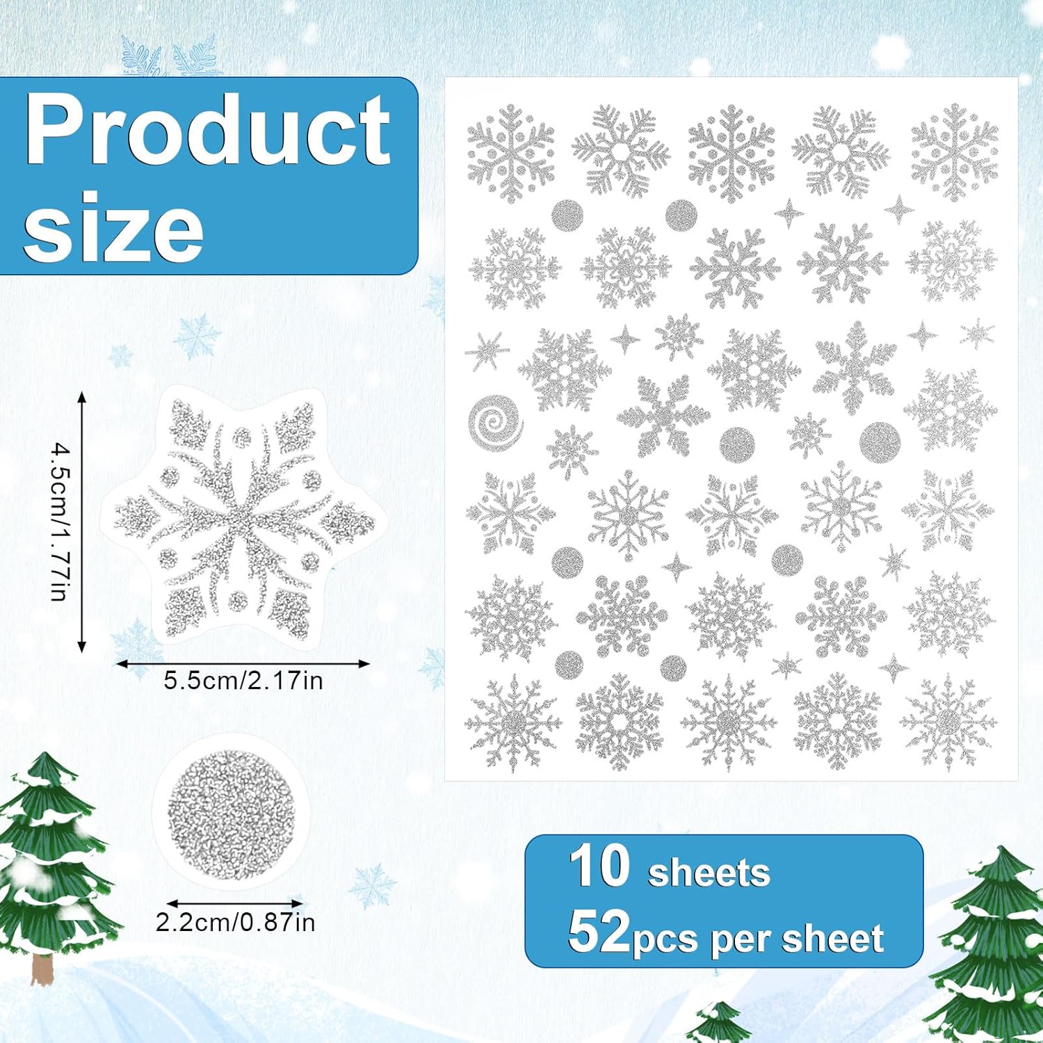 520Pcs/10 Sheets Christmas Stickers, Winter Stickers Glitter Snowflake Decals Self-Adhesive Xmas Envelope Seals Small Dots Snowflake Labels Decorations For Crafts Card Holiday Decor(Silver)