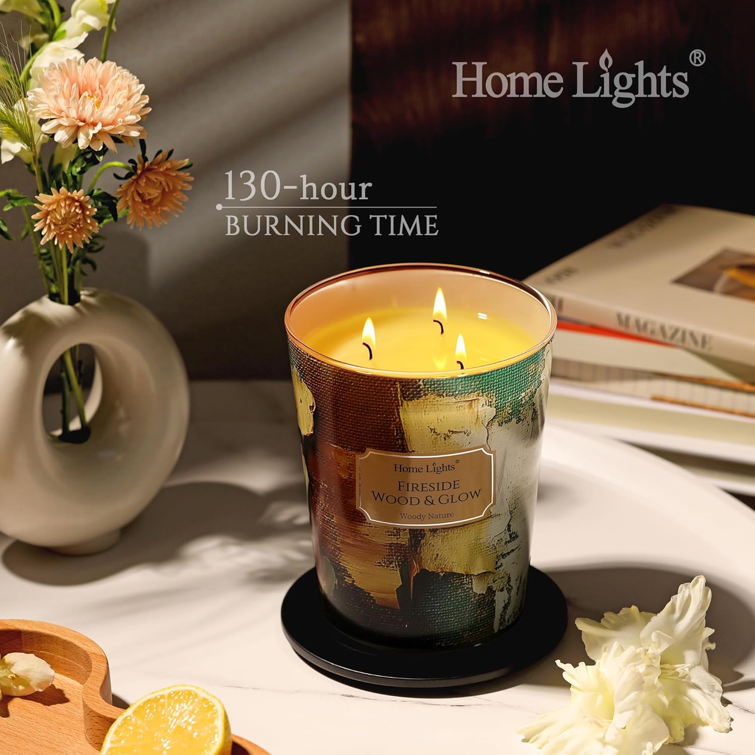 Homelights Scented Candles | Large Jar 34 Oz Natural Soy Candle | 130 Hrs Long-Lasting With 3 Wicks | Industrial Chic Home Decor | Gifts For Mom & Women, Fireside Wood & Glow