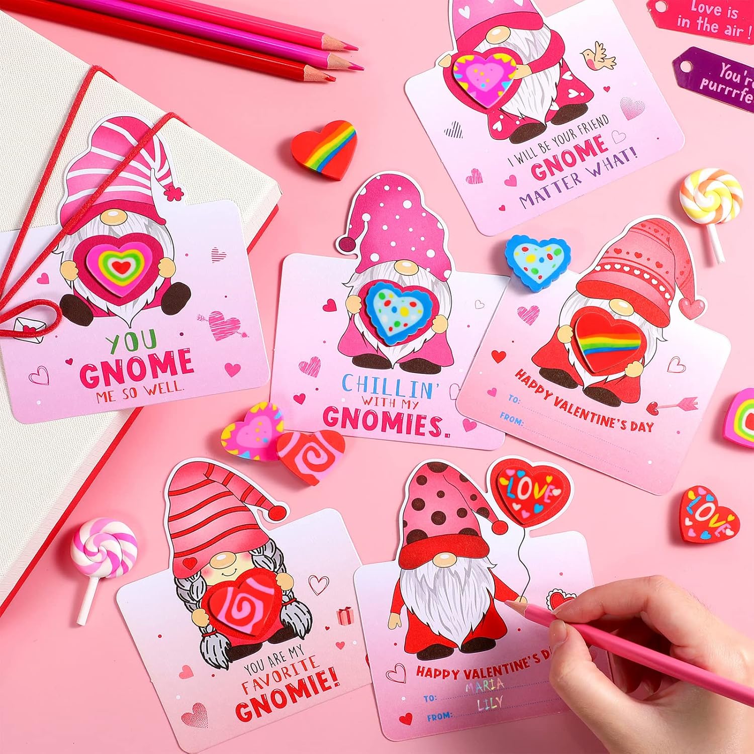 30 Sets Valentine Cards With Erasers For Classroom Gnome Pink Red To From Greeting Cards Bulk With Heart Erasers For Valentines School Love Gifts Exchange Party Favors Students Prizes