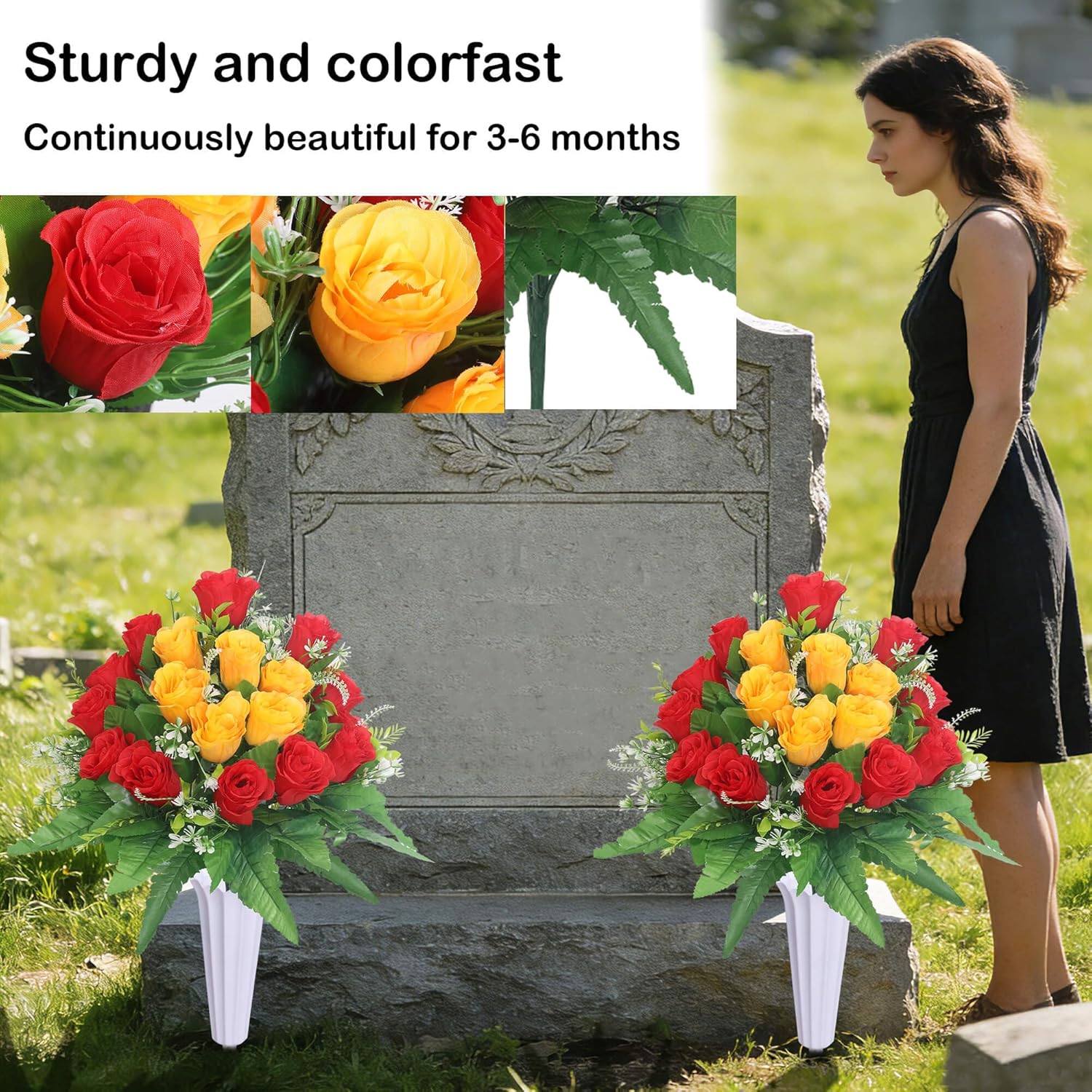 Set Of 2 Artificial Cemetery Flower, Outdoor Grave Decorations Roses,Cemetery Memorial Flowers With Vase For Gravesite Outdoor Headstone Tombstone Decorations (Red Yellow)