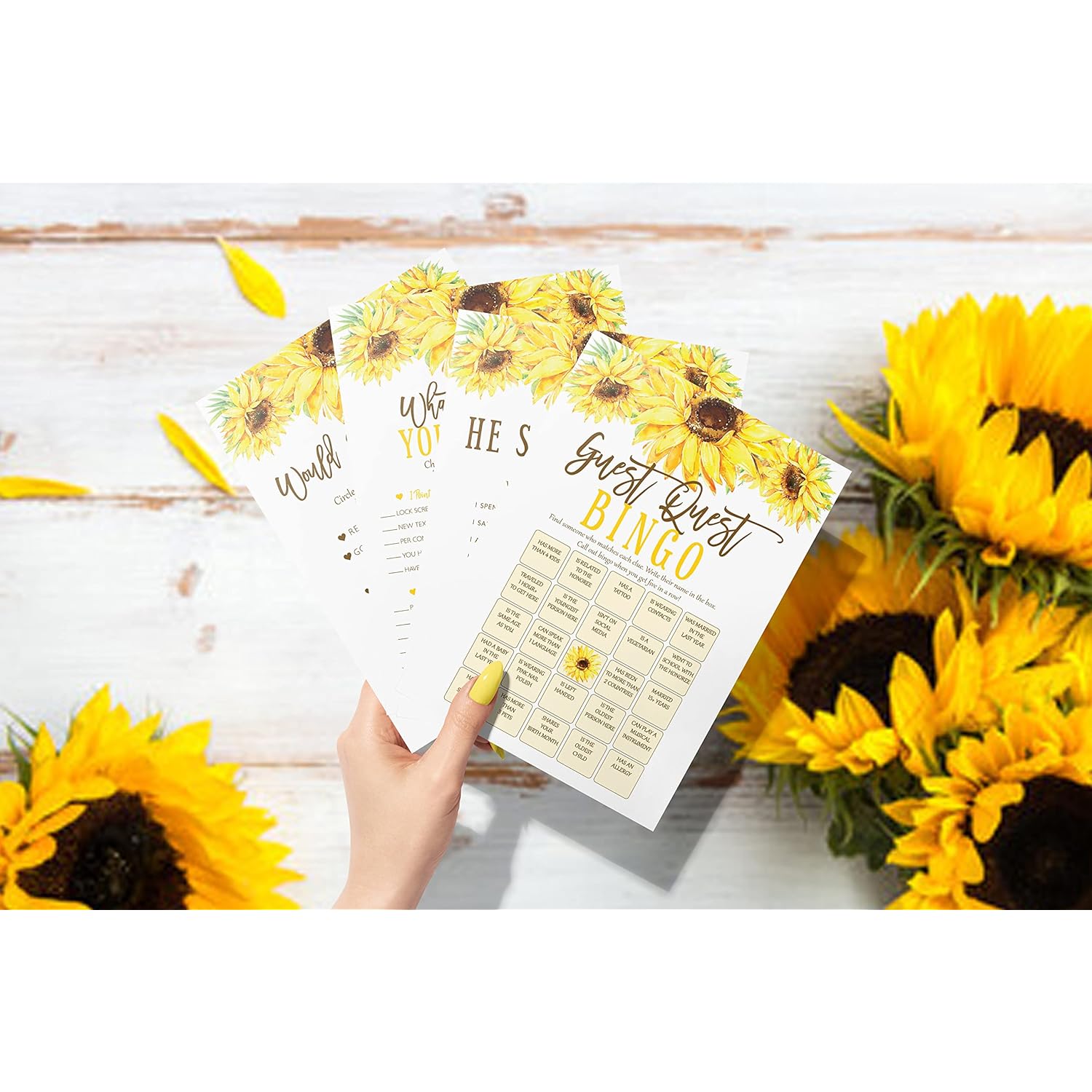 Sunflower Bridal Shower Bachelorette Games - He Said She Said, Find The Guest Quest, Would She Rather, Phone Game - 25 Games Each, Printed Front And Back, 1 Game Per Side