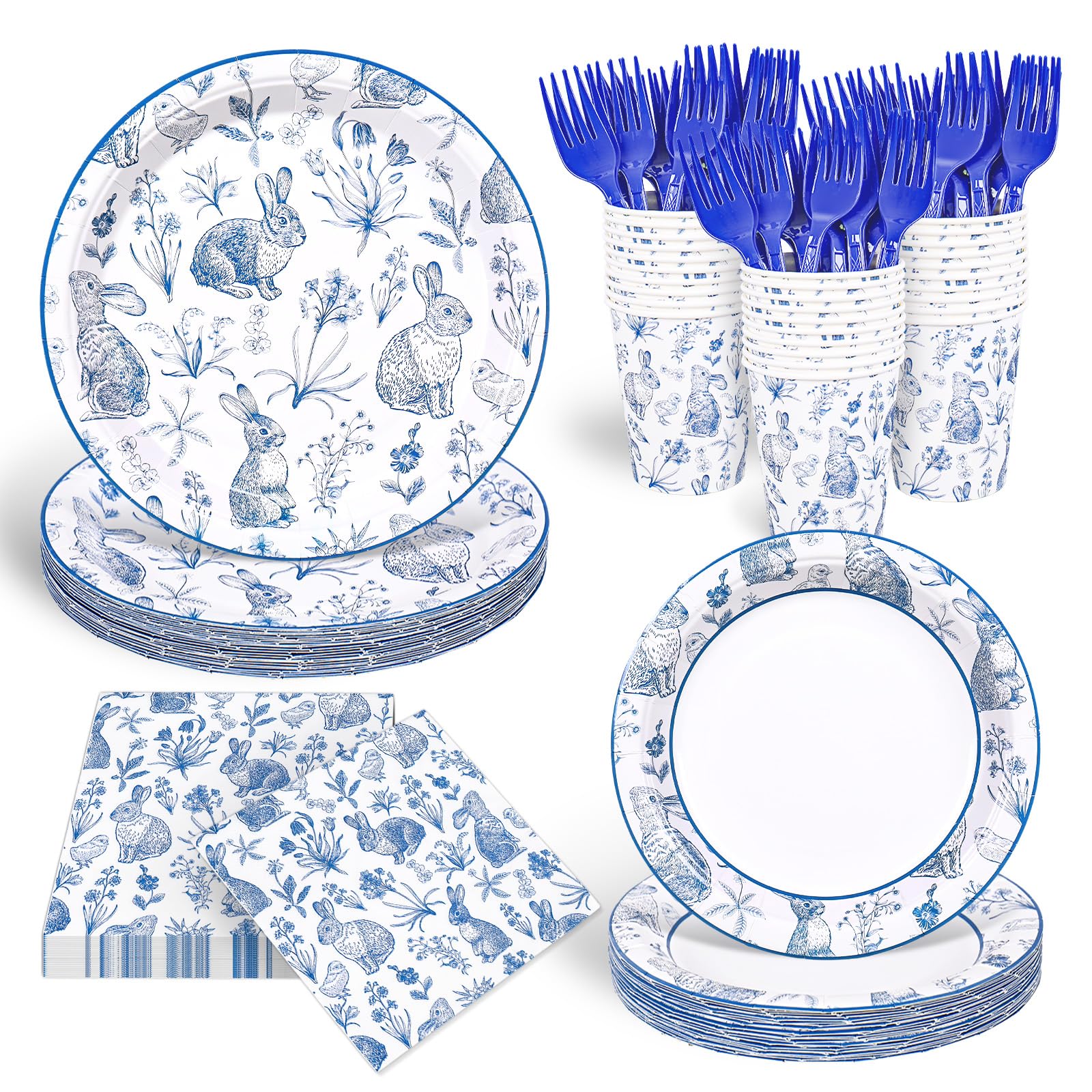 120Pcs Easter Tableware Set Serves 24 Blue White Retro Bunny Rabbit Chinoiserie Floral Paper Plates Napkins Cups Forks Disposable Dinnerware for Spring Bridal Baby Shower Wedding Party