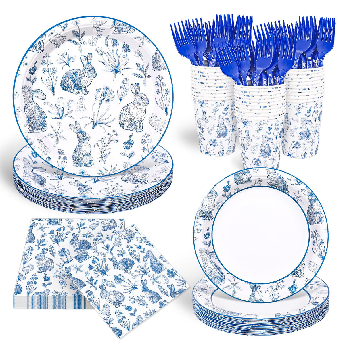120Pcs Easter Tableware Set Serves 24 Blue White Retro Bunny Rabbit Chinoiserie Floral Paper Plates Napkins Cups Forks Disposable Dinnerware for Spring Bridal Baby Shower Wedding Party