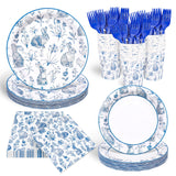 120Pcs Easter Tableware Set Serves 24 Blue White Retro Bunny Rabbit Chinoiserie Floral Paper Plates Napkins Cups Forks Disposable Dinnerware for Spring Bridal Baby Shower Wedding Party