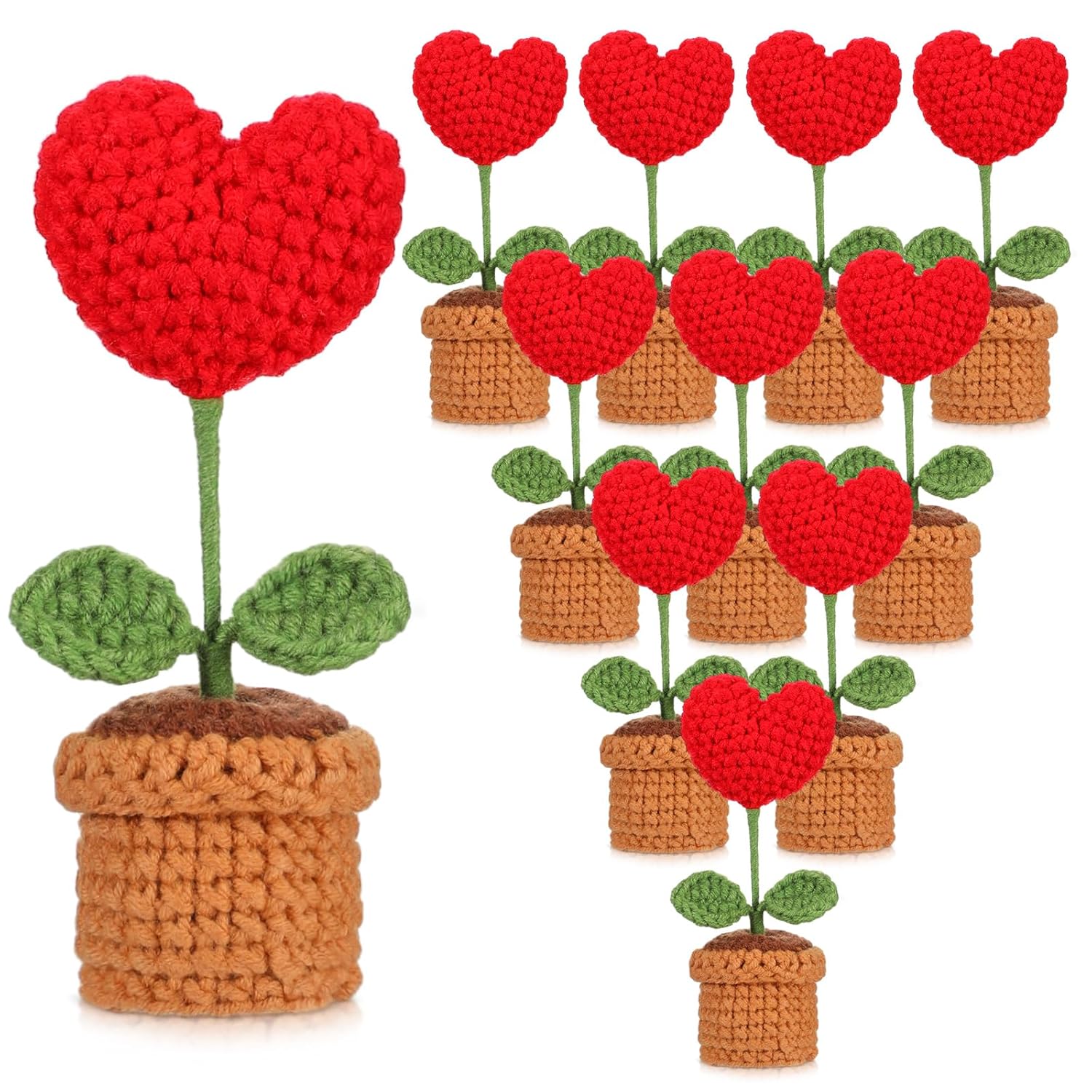 10 Pcs Crochet Heart Flowers Potted Plant Bulk Mini Valentine'S Day Gifts For Teacher Artificial Handmade Knitted Flower For Women Team Coworker Office Staff Nurse Appreciation Gifts