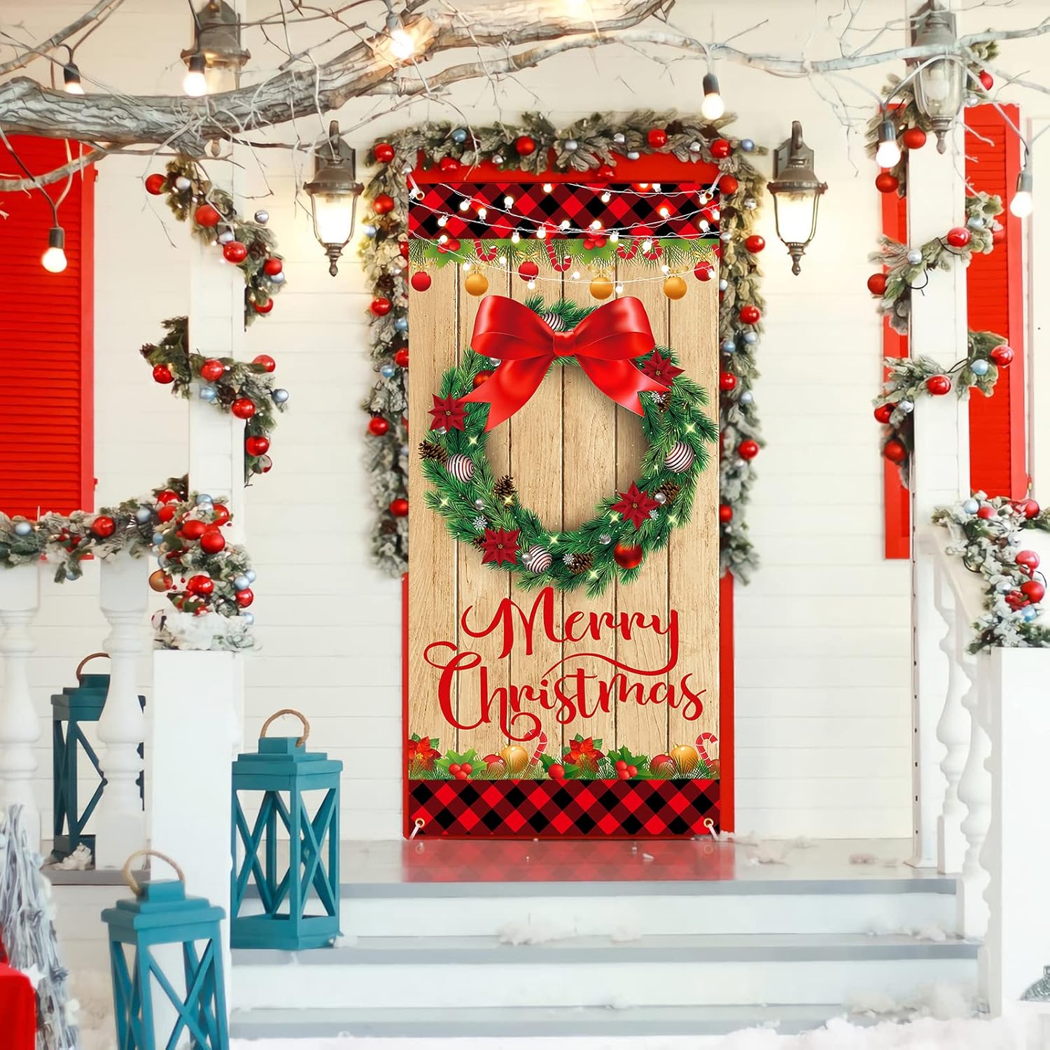 Merry Christmas Wood Grain Plaid Edge Wreath Banner For Farmhouse Door Decoration