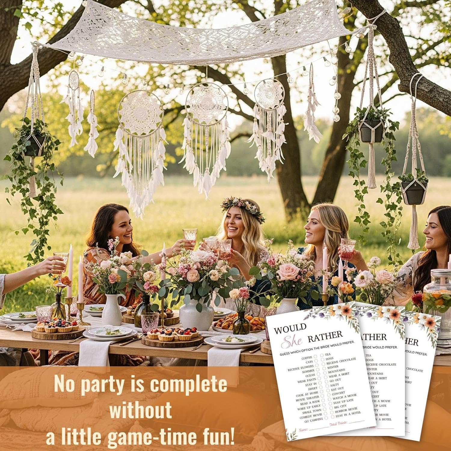 Bridal Shower Party Game Cards - Would She Rather For Wedding Engagement Bachelorette - Elegant Romantic Bohemian, Daisies Lavender, 30 Pcs 5X7 Inch, Ready To Play