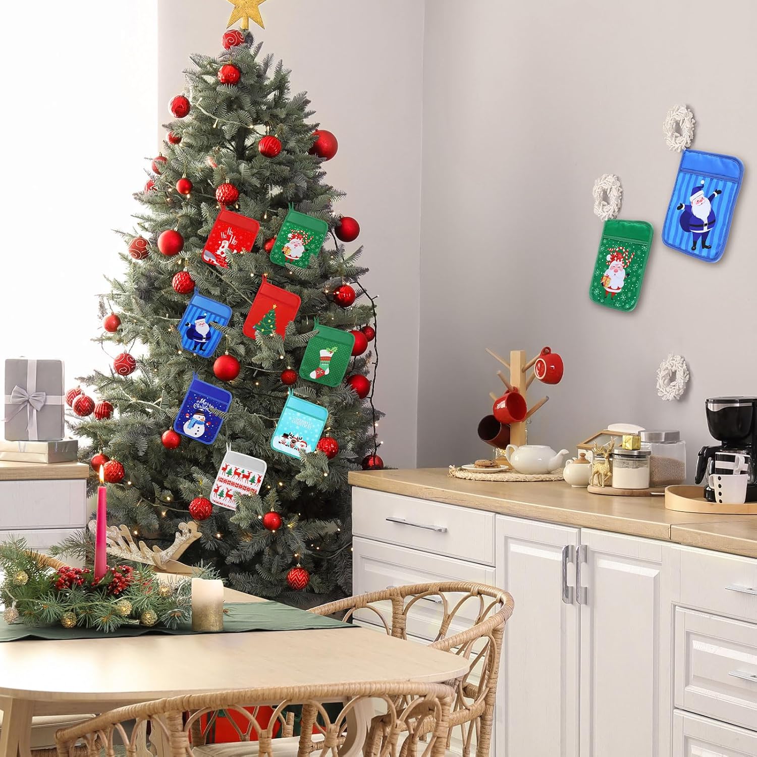 12 Pcs Christmas Pot Holders With Pocket Funny Pot Holders For Kitchen Hot And Oven Mitts Holiday Potholder Neighbor Gift Cookie Bag For Coworker Teacher Baking Cooking(Christmas, Red)