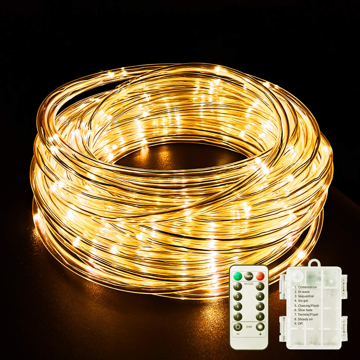 Led Rope Lights Battery Operated String Lights 40Ft 120 Leds 8 Modes Hanging Fairy Lights Dimmable/Timer With Remote For Camping Party Halloween Christmas Decoration (Warm White)