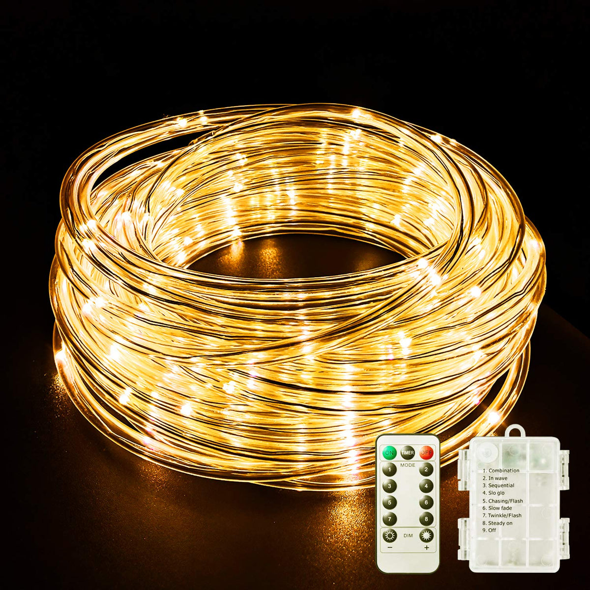 Led Rope Lights Battery Operated String Lights 40Ft 120 Leds 8 Modes Hanging Fairy Lights Dimmable/Timer With Remote For Camping Party Halloween Christmas Decoration (Warm White)