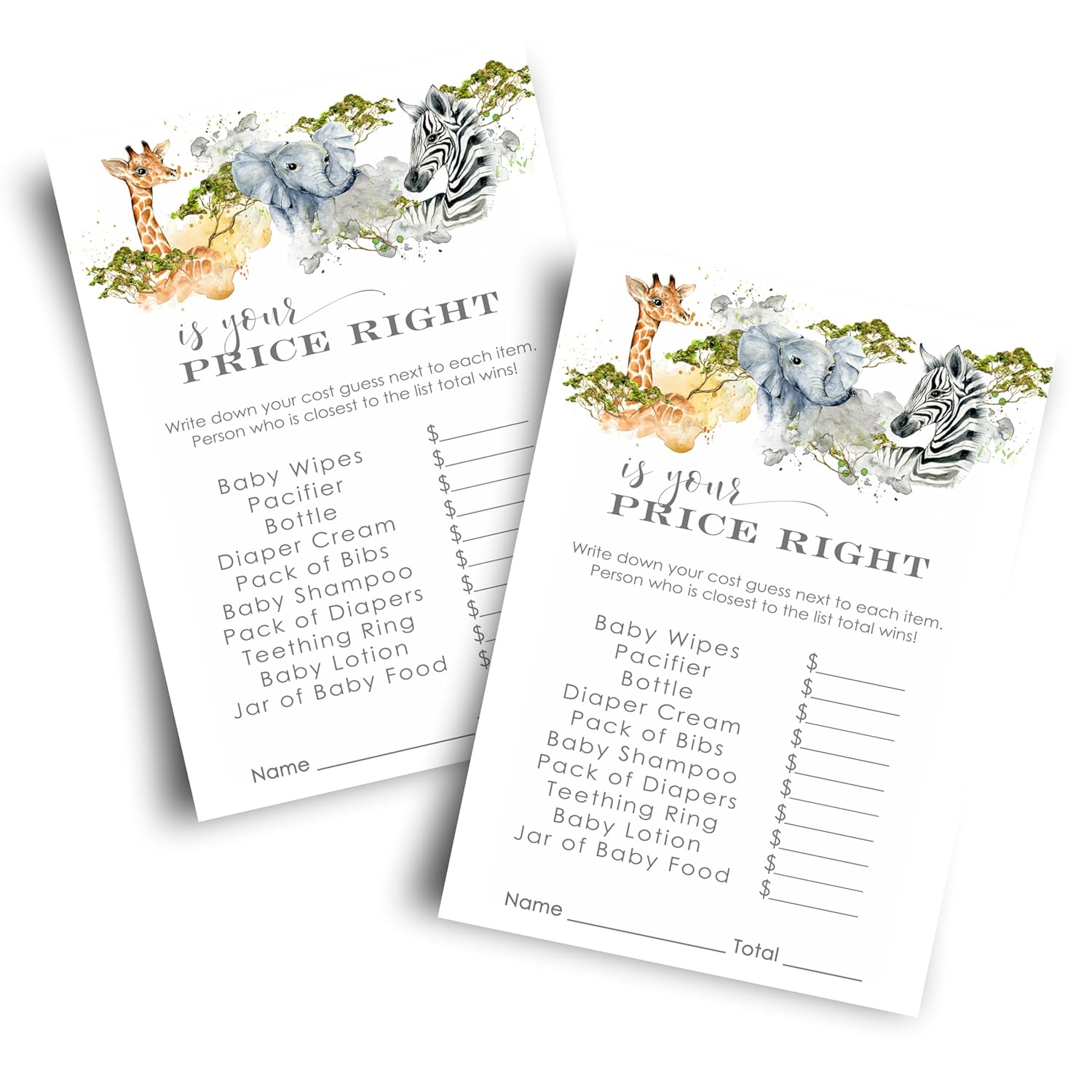 Jungle Guess The Price Baby Shower Games - 25 Cards - Elephant Themed Neutral Baby Shower Game Ideas - Gender Reveal Activities For Boys Or Girls - 4X6 Set