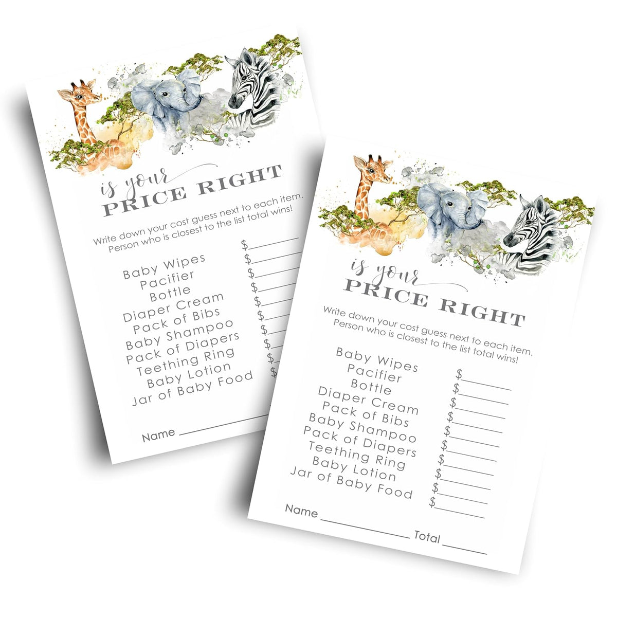Jungle Guess The Price Baby Shower Games - 25 Cards - Elephant Themed Neutral Baby Shower Game Ideas - Gender Reveal Activities For Boys Or Girls - 4X6 Set