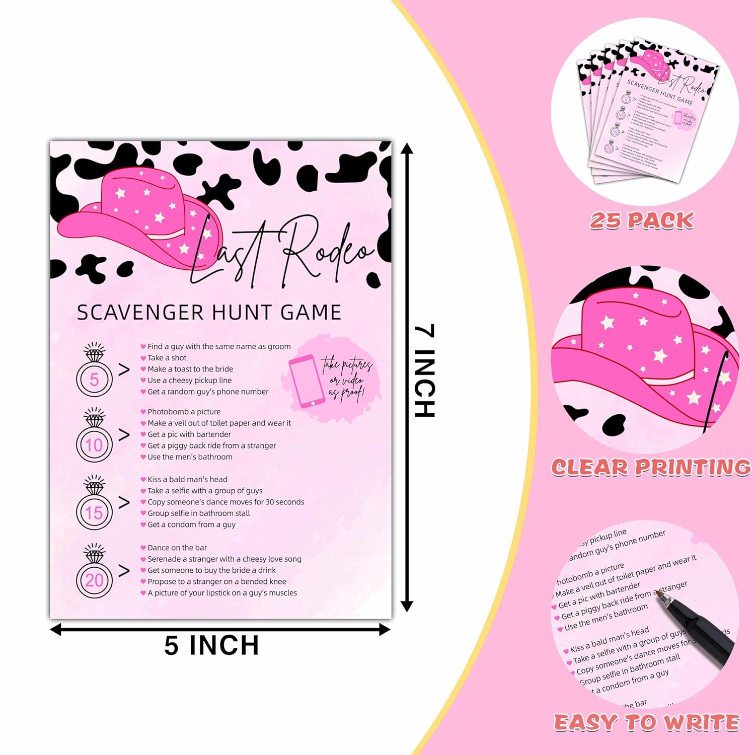 Last Rodeo Bachelorette - Nashville Cowgirl Bridal Shower Games & Supplies - 25 Game Cards