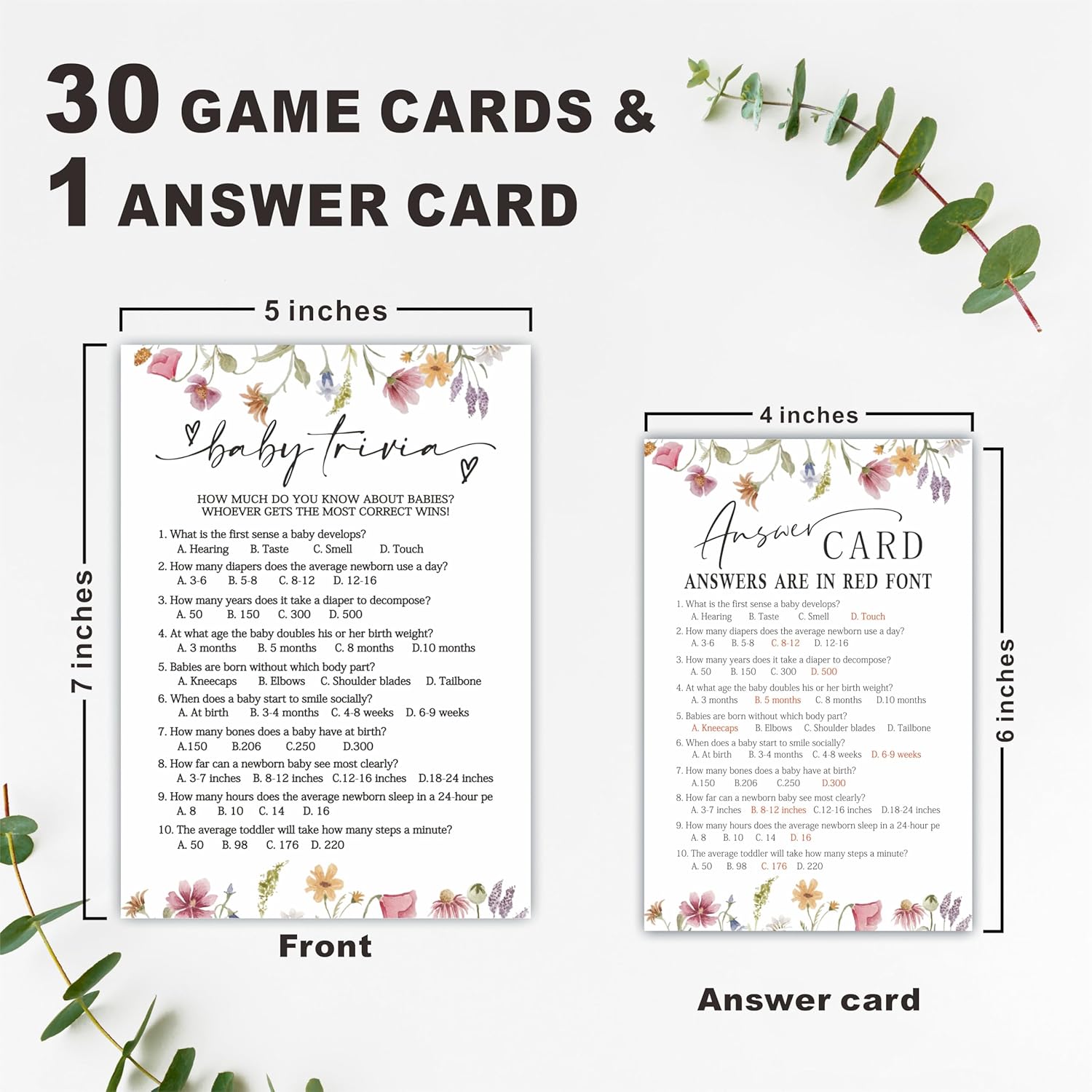 Baby Shower Party Games- Floral Watercolor Flower-Baby Trivia Game For Guest-30 Game Card & 1 Answer Card-Wishes For Baby-Baby Announcement Gender Reveal Game Card 09