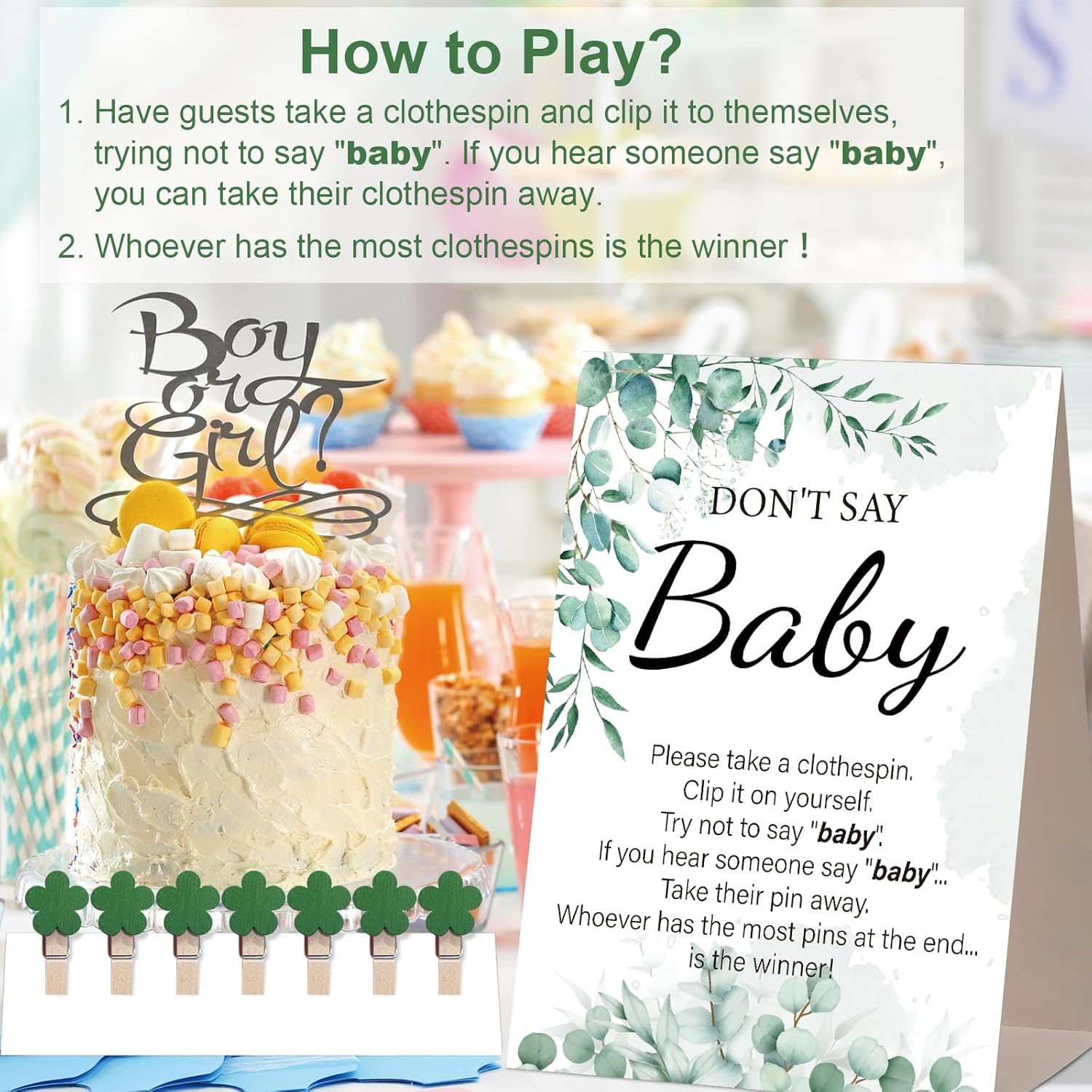 Baby Shower Games, Greenery Don'T Say Baby Baby Shower Game,1 Sign And 50 Mini Clothespins, Baby Shower Decoration