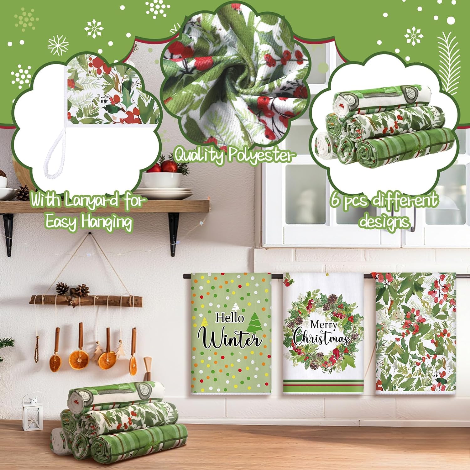 6 Pcs Merry Christmas Kitchen Towels Christmas Wreath Decorative Hand Towels Home Dish Cloth Hello Winter Farmhouse Tea Cloth Kitchen Accessories Bathroom Decor