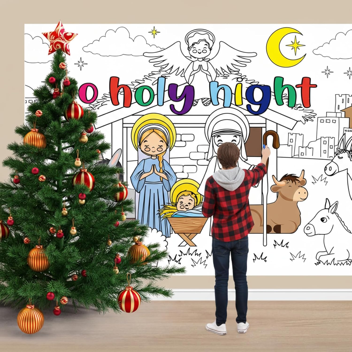2 Pcs Christmas Coloring Posters - Jesus O Holy Night Giant Pages With 24 Color Pens - 31.4 X 43.3 Inch Xmas Huge Table Cover For Home Classroom Party Supplies Favor