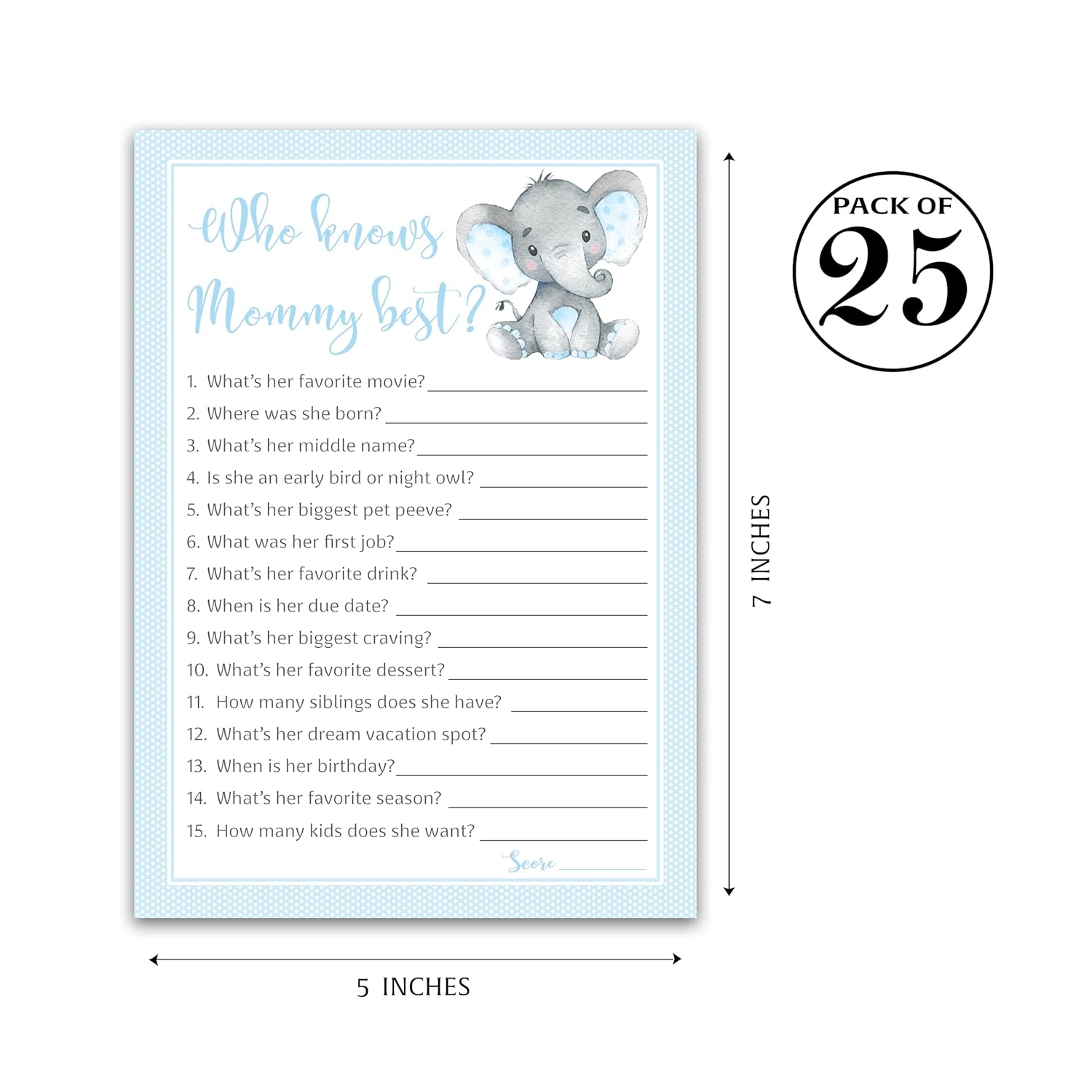 Blue Elephant Baby Shower Games Who Knows Mommy Best - Pack Of 25 - Peanut Theme Boy Baby Shower Game, New Parent Couples Fun Guessing Game Shower Activity, Questions Mom-To-Be Polka Dot G501-Wkm