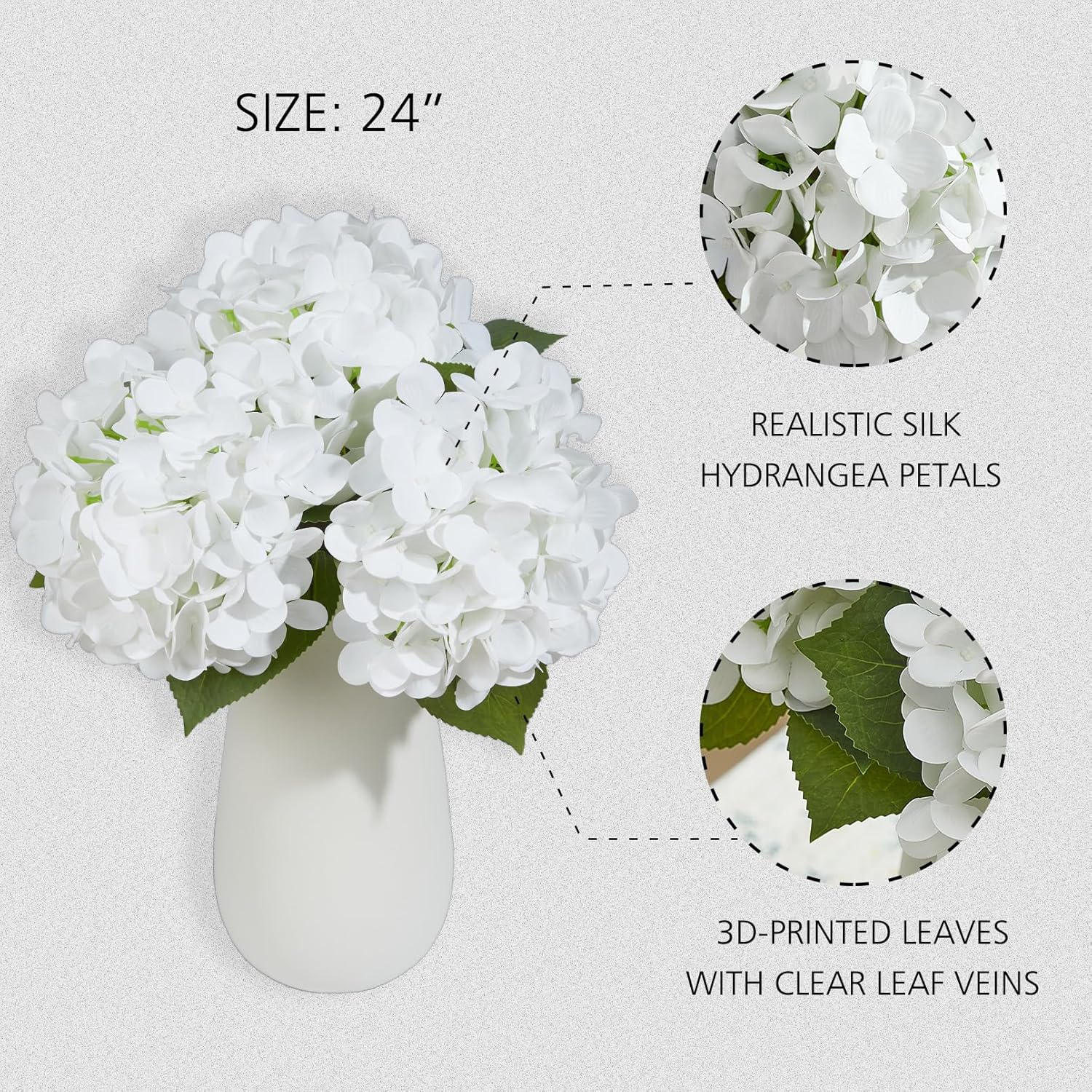 24" White Full Faux Hydrangea Flowers, Real Touch Hydrangeas Spring Flowers Artificial Silk Flowers For Home Decor Indoor Wedding Table Centerpieces Party 3 Pcs