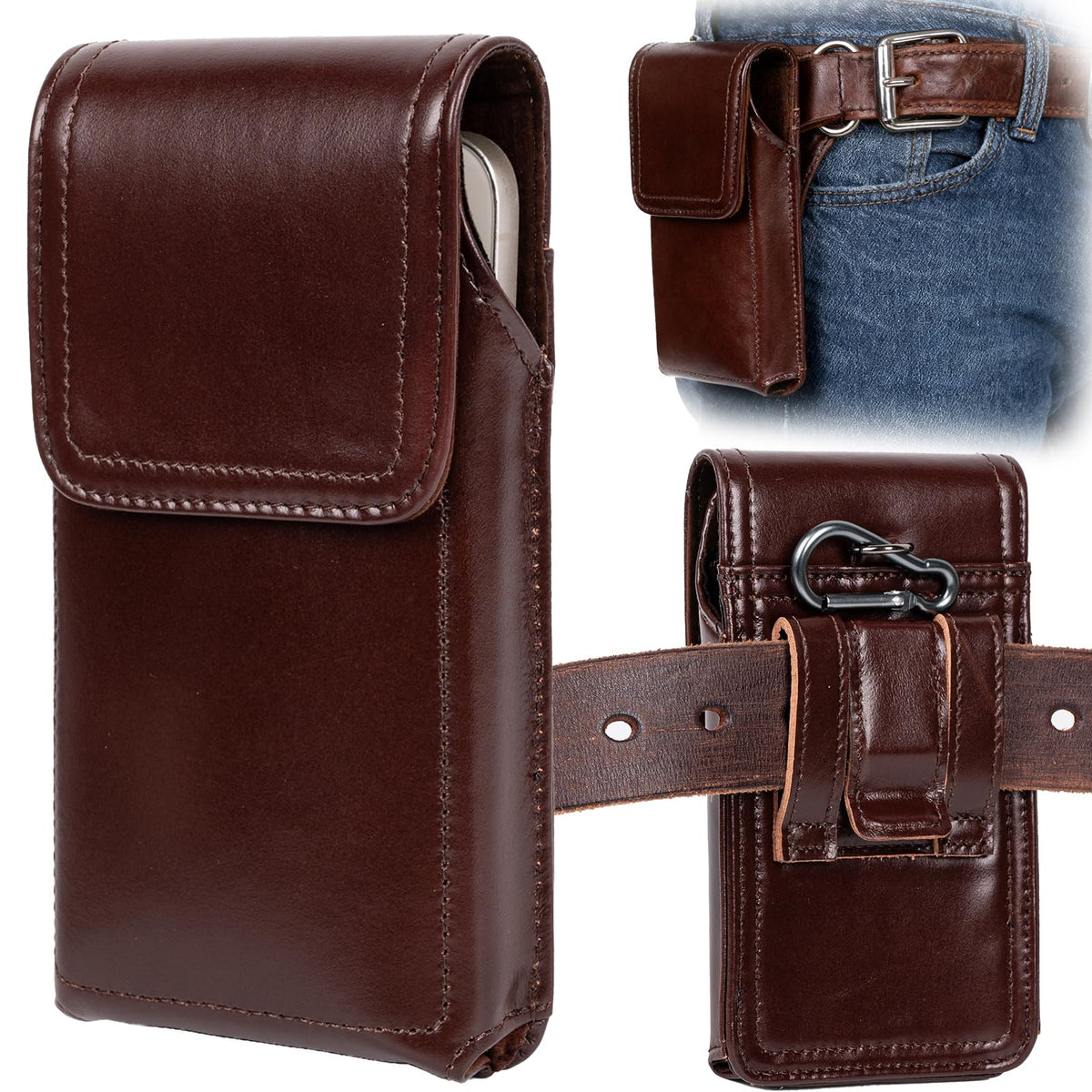 Leather Phone Holster - Genuine Full-Grain Buffalo Leather Cell Phone Holsters - for iPhone 16, 15, 14, 13pro, Galaxy S24, S23, S22-7.3" X 3.8"
