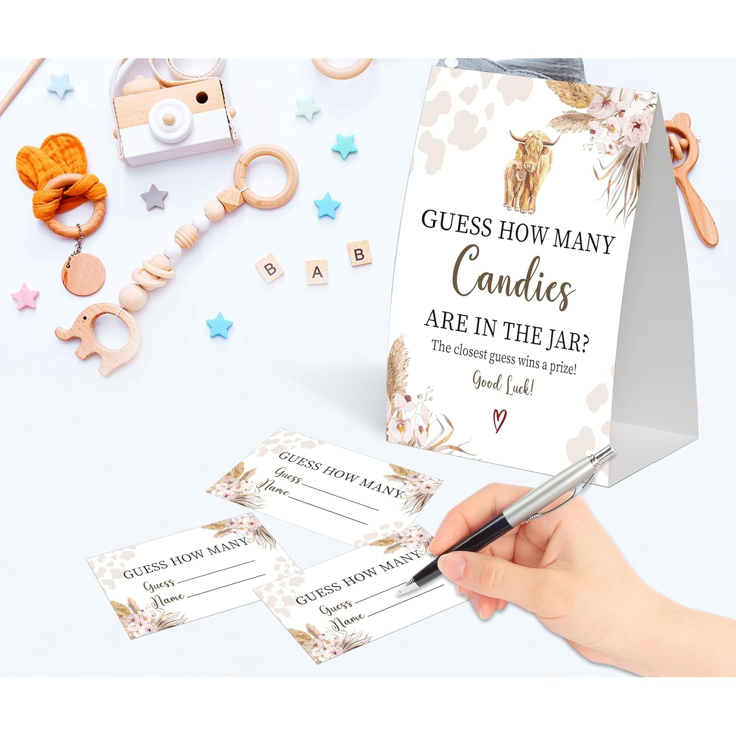 Boho Cow Guess How Many Candies Are In The Jar Game For Baby Shower, Pack Of One 5X7 Sign And 50 Guessing Cards, Cow Baby Shower Decoration, Gender Neutral Party Supplies - Gc05