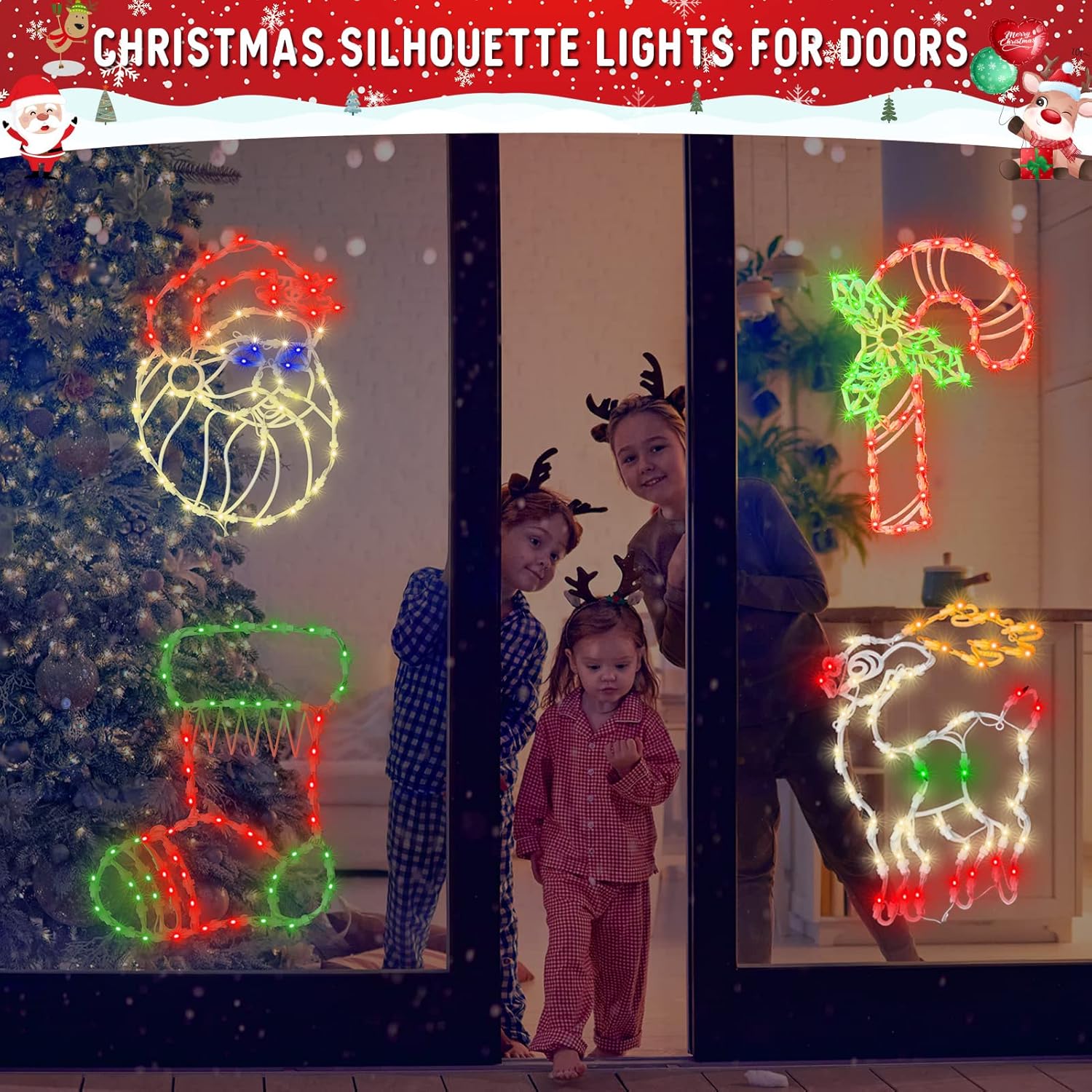 Christmas Lights - 4 Pack 16” Christmas Window Silhouette Light Led String Light Include Candy Cane Stocking Santa Reind