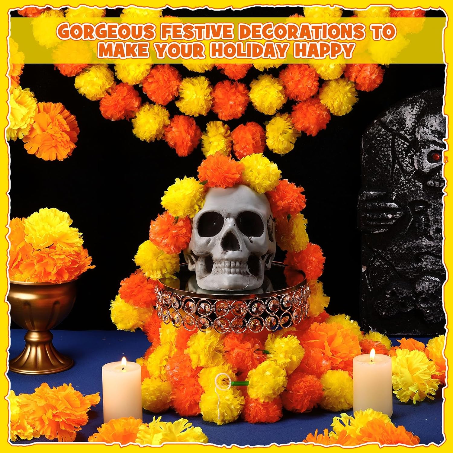 65 Pcs Day Of The Dead Decorations 5 Pcs 5 Ft Artificial Marigold Garland 60 Faux Marigold Flower Heads Plastic Indian Garland Silk Indian Flowers For Dia De Los Muertos Diwali Orange